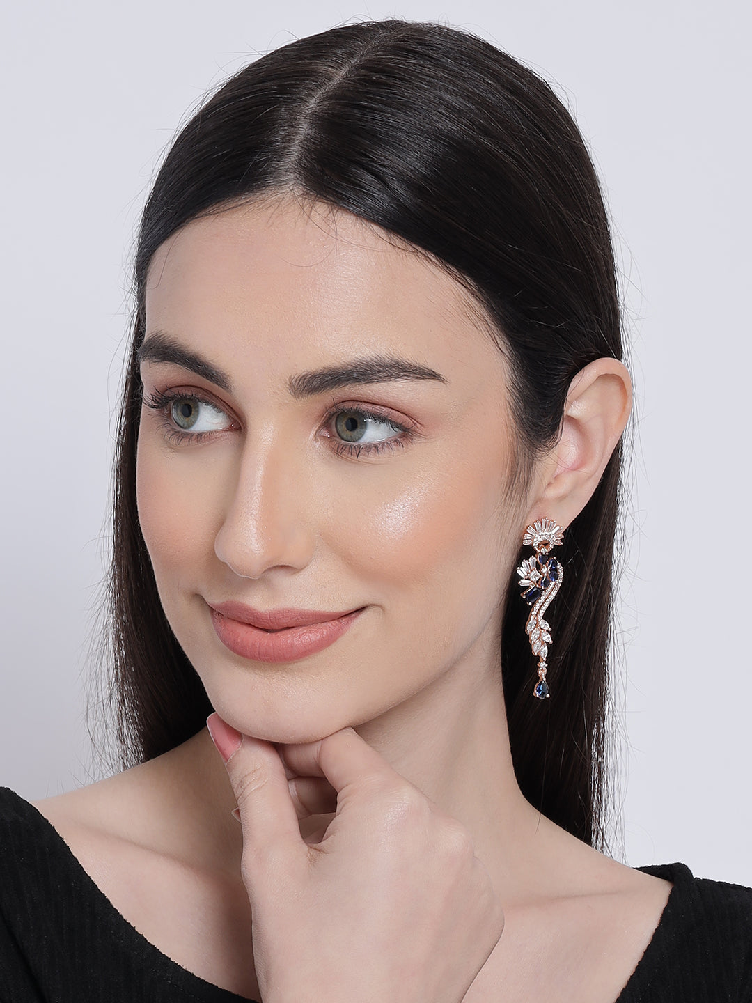 Rose Gold & Blue American Diamond Studded Floral Drop Earrings - Jazzandsizzle