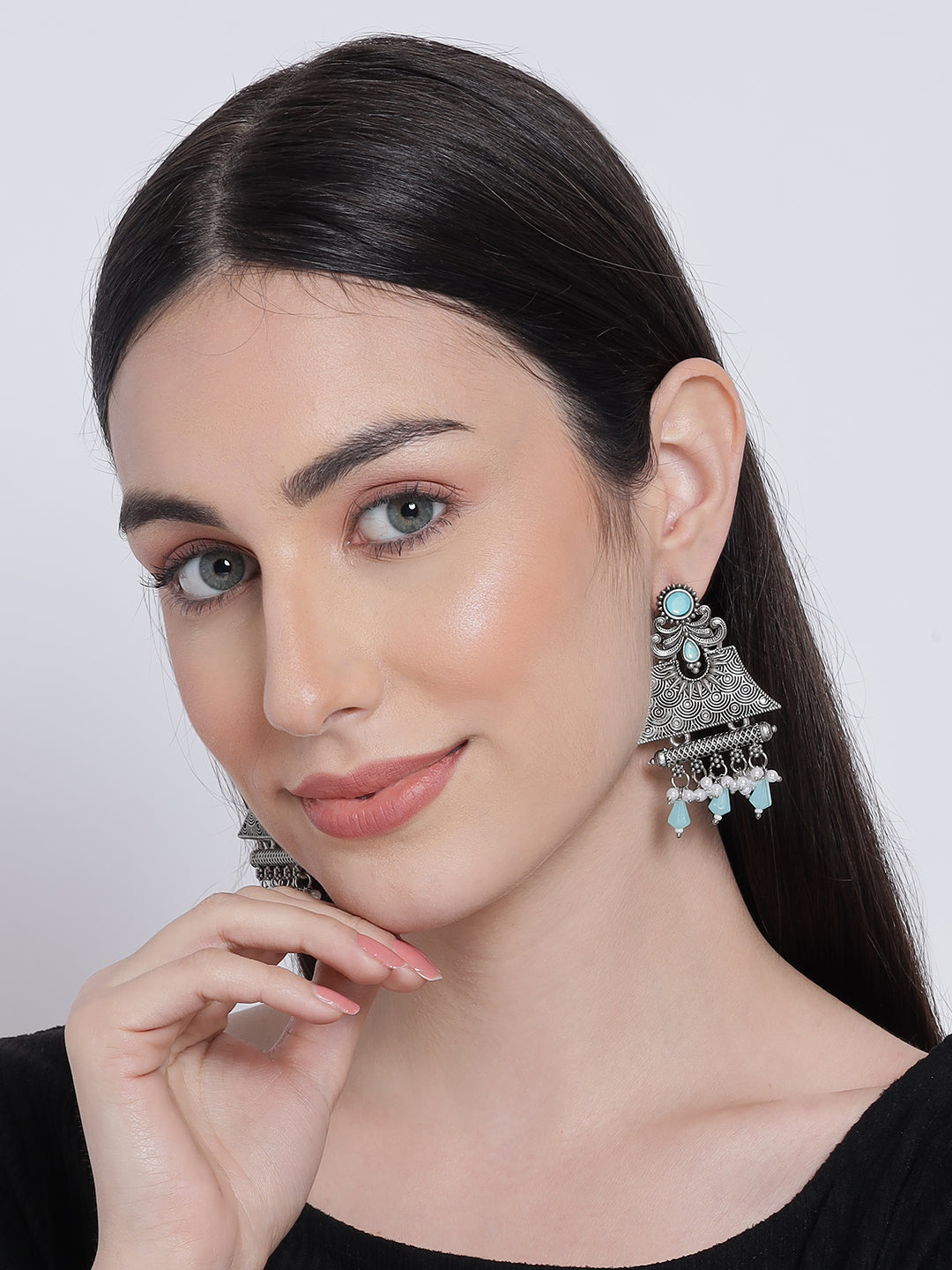 Silver-Toned & Turquoise Blue Dome Shaped Drop Earrings