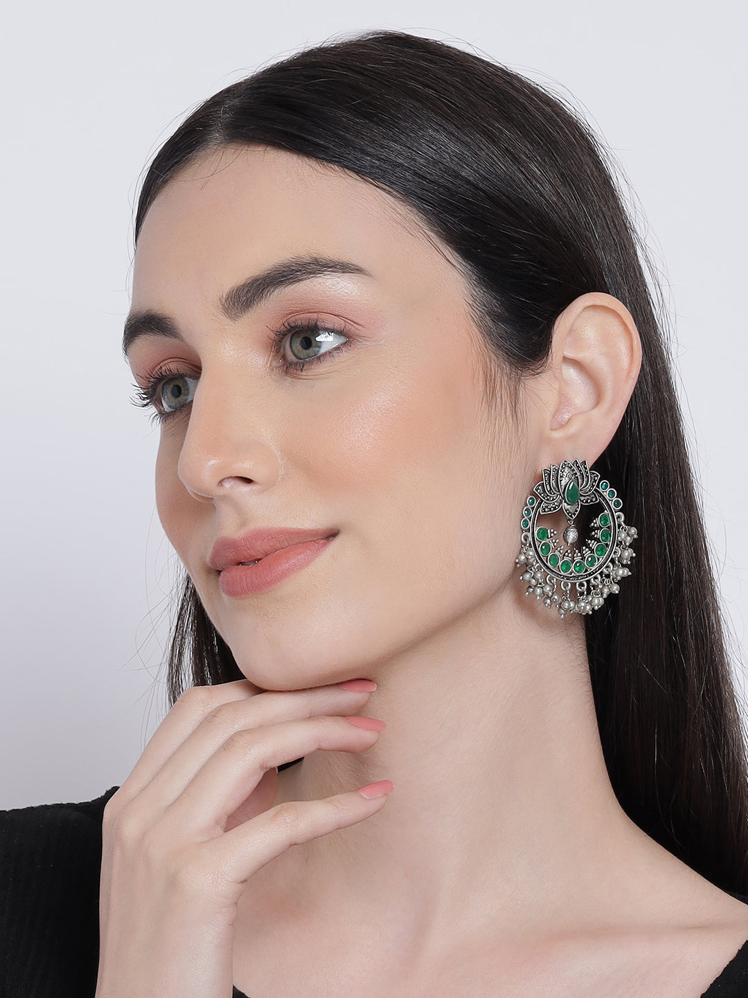 JAZZ AND SIZZLE Green & Silver-Toned Lotus Shaped Chandbalis Earrings - Jazzandsizzle