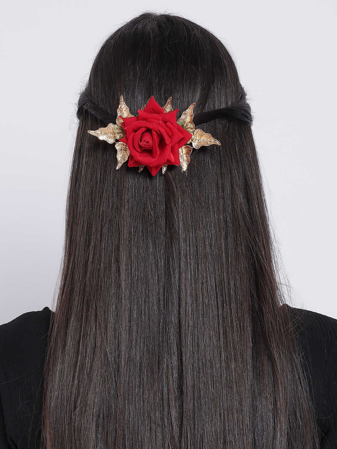 Red Rose & Golden Handcrafted Alligator Side Hair Clip