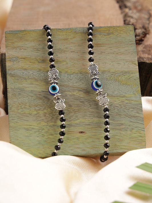 Silver-Plated & Black Beaded Handcrafted Owl & Evil Eye Anklet - Jazzandsizzle