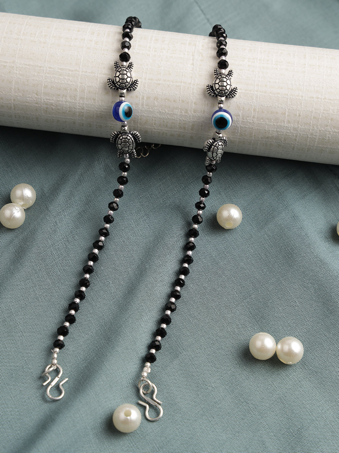 Set of 2 Silver-Plated & Black Beaded Handcrafted Tortoise & Evil Eye Anklet - Jazzandsizzle