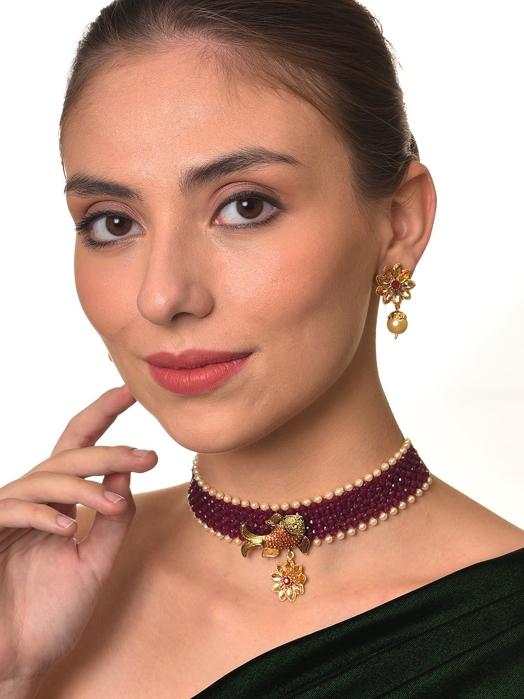 Gold-Toned & Mahroon Fish Studded & Beaded Jewellery Set - Jazzandsizzle