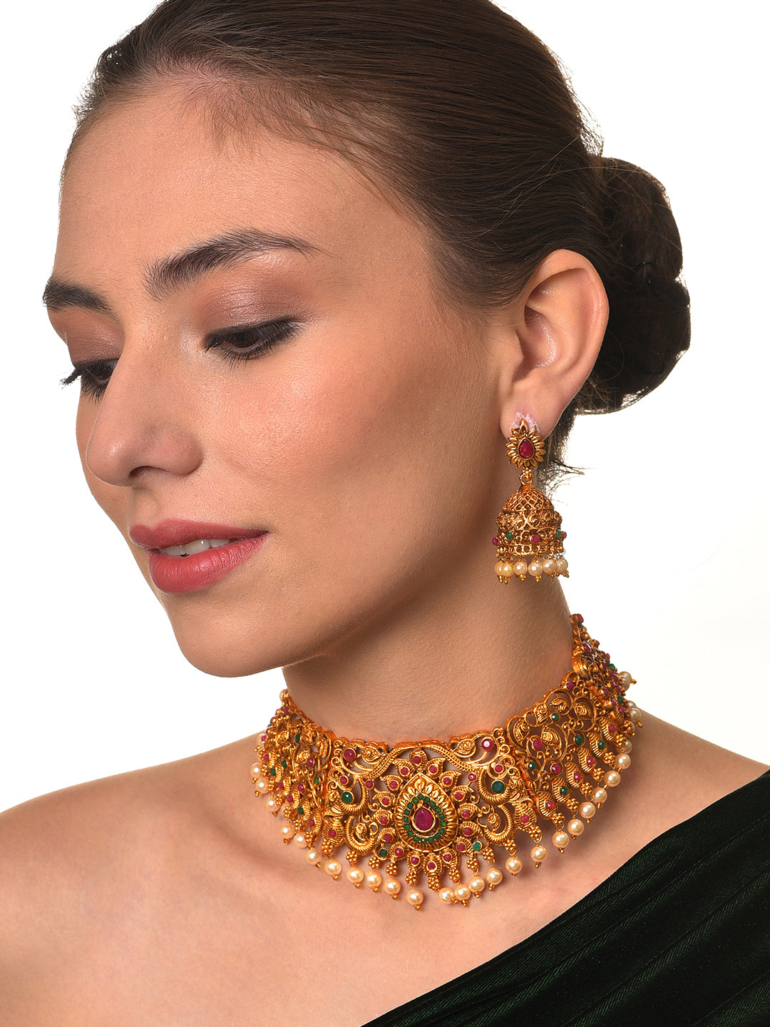 Gold-Toned Pink & Green Stone-Studded, Beaded Handcrafted Jewellery Set - Jazzandsizzle