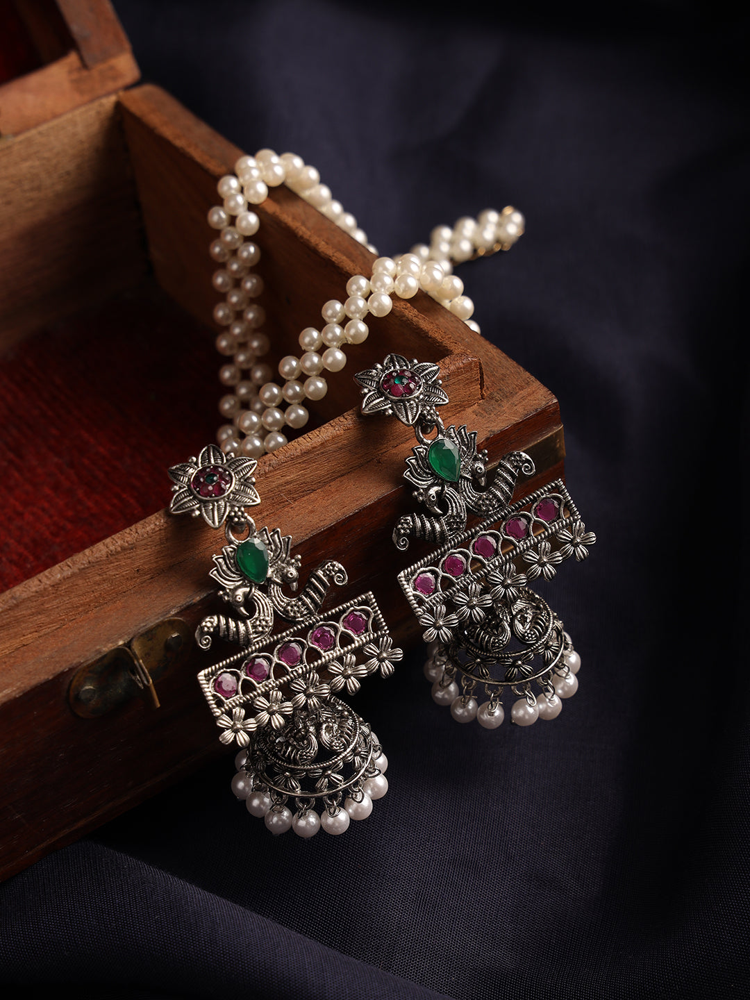 Pink & Green Oxidised Silver-Plated German Silver Stone Studded & Beaded Jhumkas - Jazzandsizzle