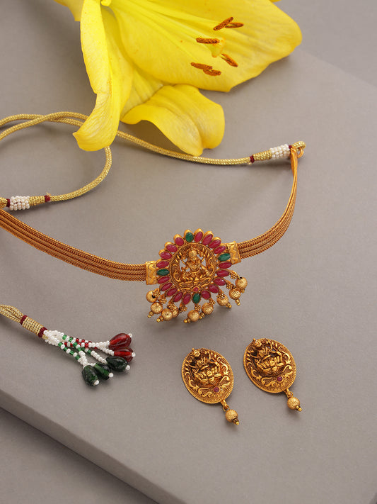 Gold-Plated Pink & Green Stone-Studded & Beaded Handcrafted Jewellery Set - Jazzandsizzle