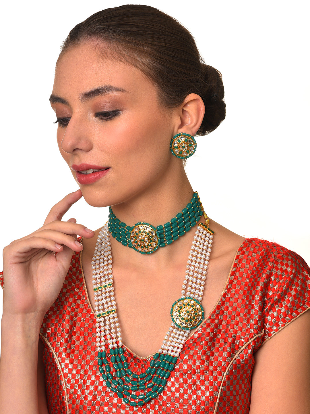 Gold-Plated Green & White Combo Jewellery Set - Jazzandsizzle