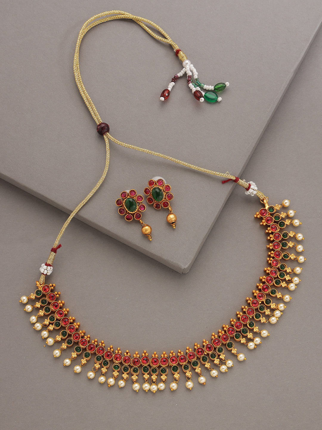 Pink & Green Gold-Plated Stone-Studded & Beaded Handcrafted Jewellery Set - Jazzandsizzle