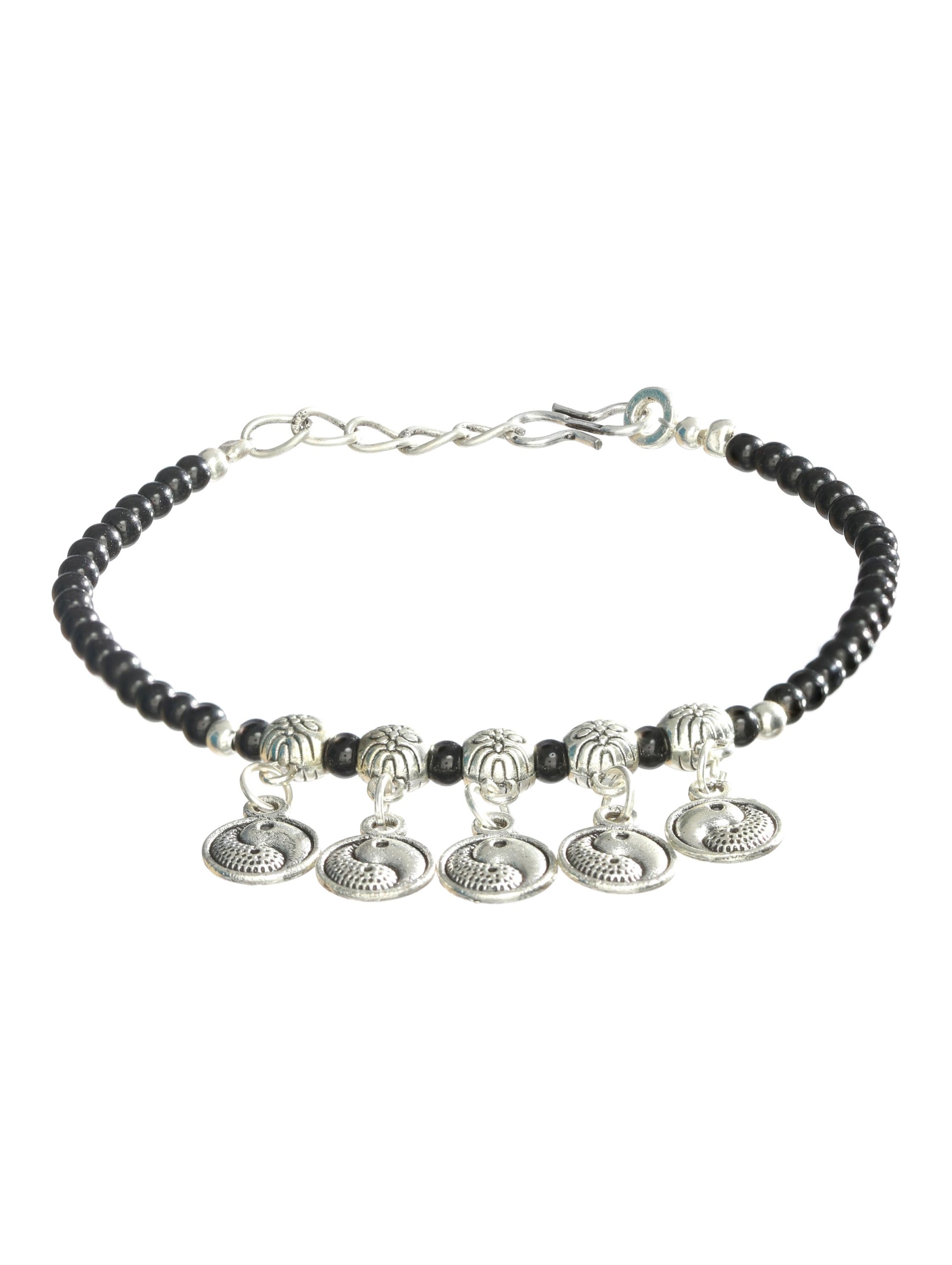 Set of 3 Silver-Toned & Black Beaded Tribal Thread Anklets/Bracelet - Jazzandsizzle