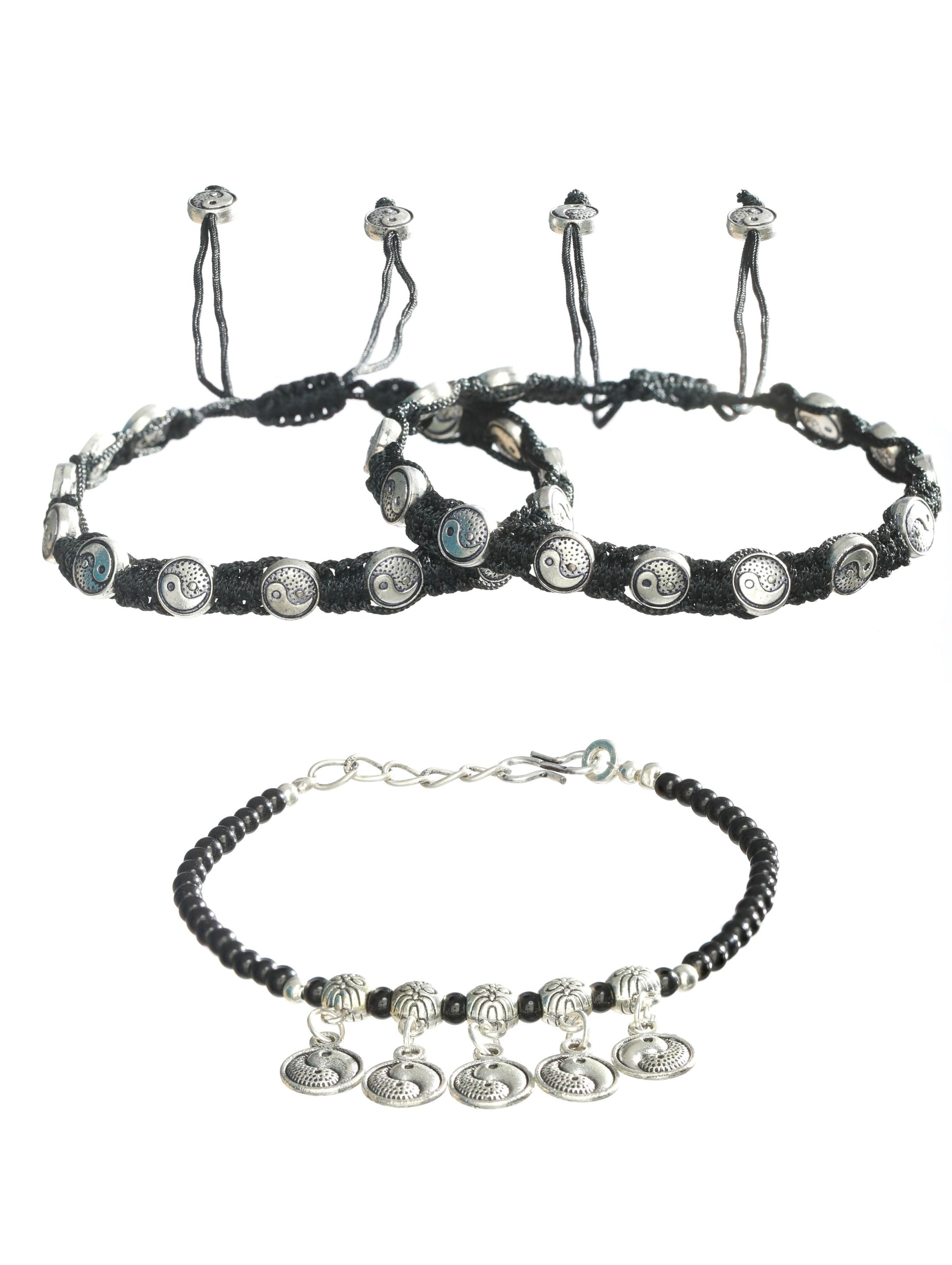 Set of 3 Silver-Toned & Black Beaded Tribal Thread Anklets/Bracelet - Jazzandsizzle