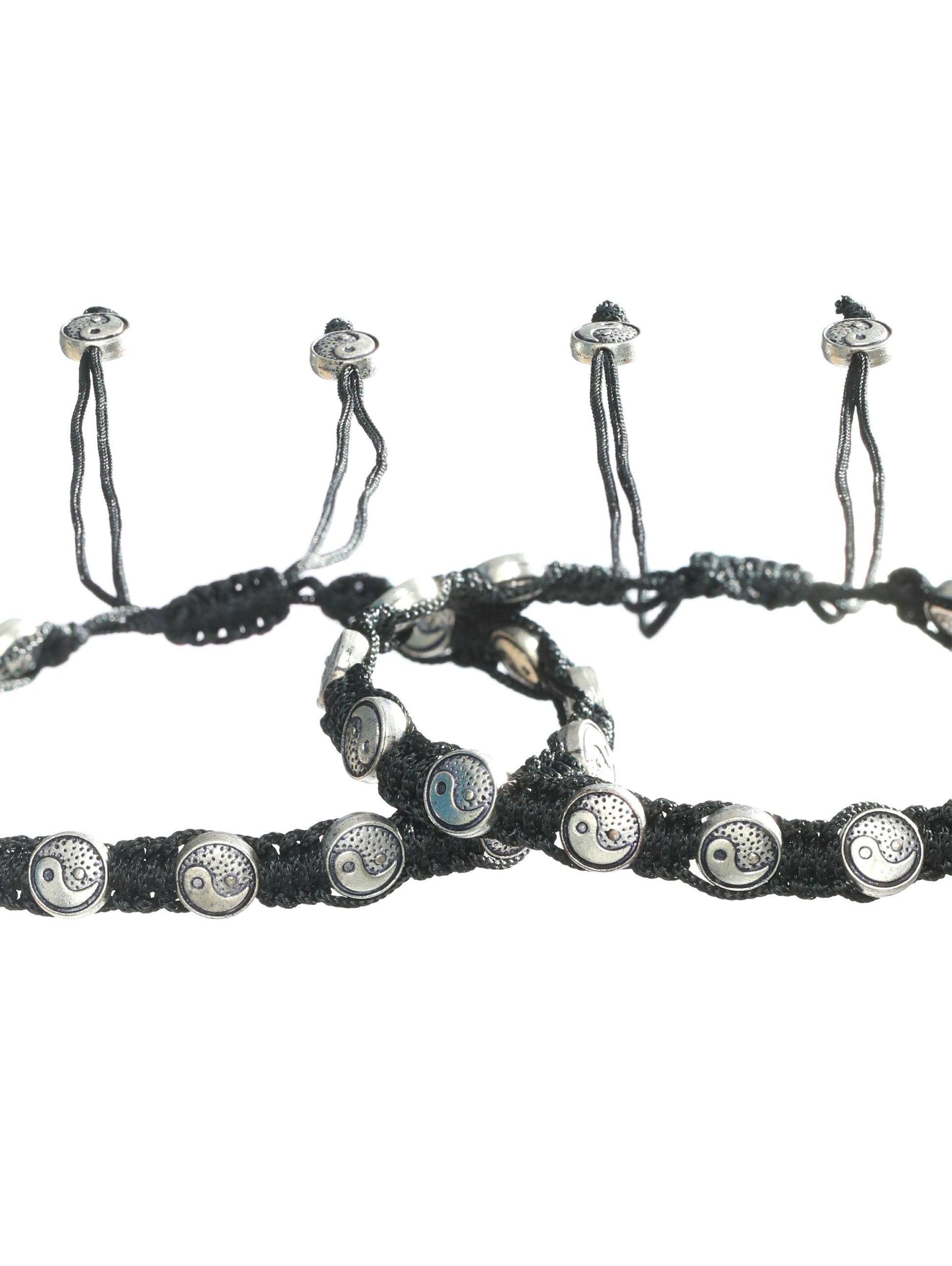 Set of 3 Silver-Toned & Black Beaded Tribal Thread Anklets/Bracelet - Jazzandsizzle