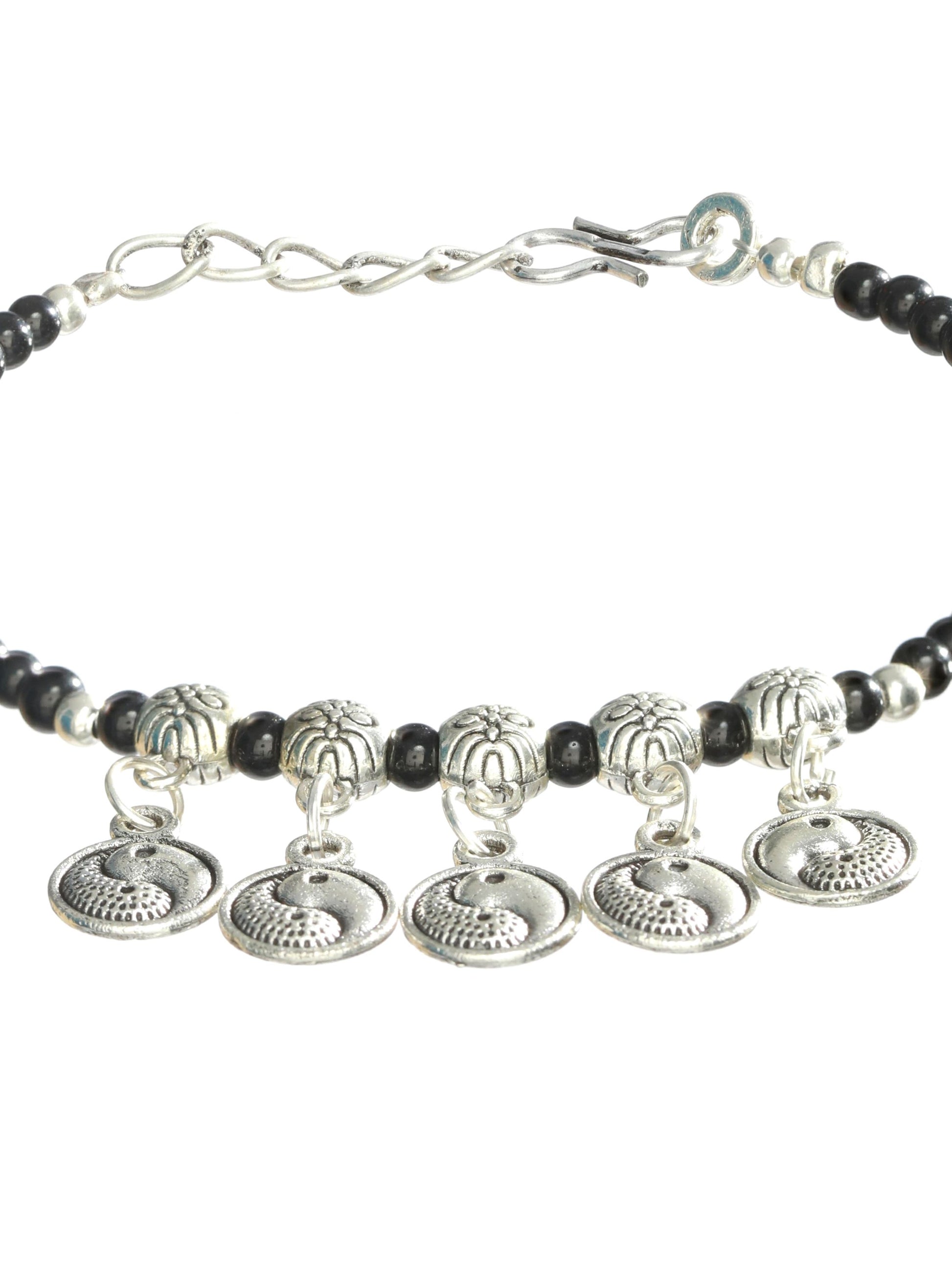 Set of 3 Silver-Toned & Black Beaded Tribal Thread Anklets/Bracelet - Jazzandsizzle