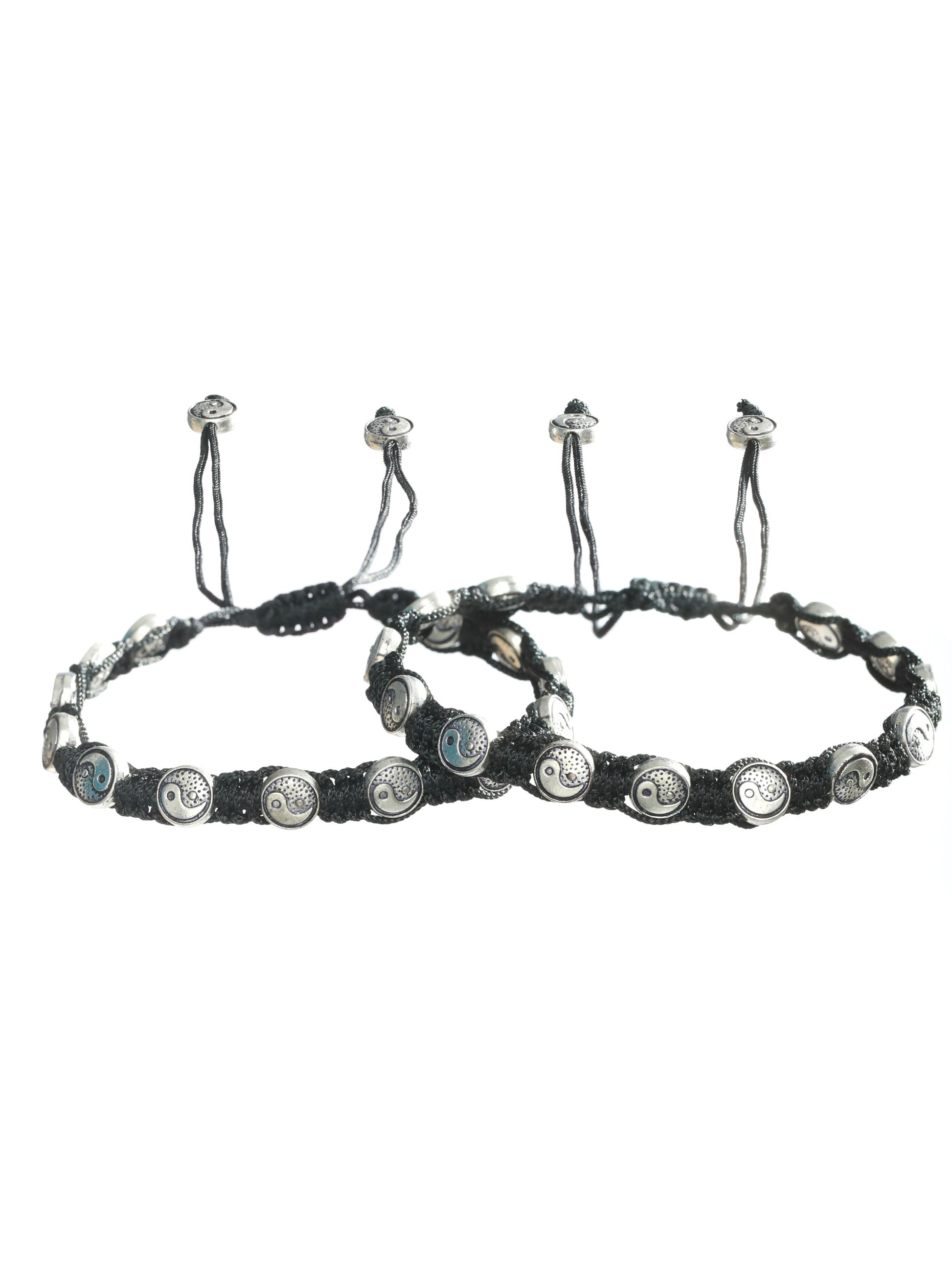 Set of 3 Silver-Toned & Black Beaded Tribal Thread Anklets/Bracelet - Jazzandsizzle