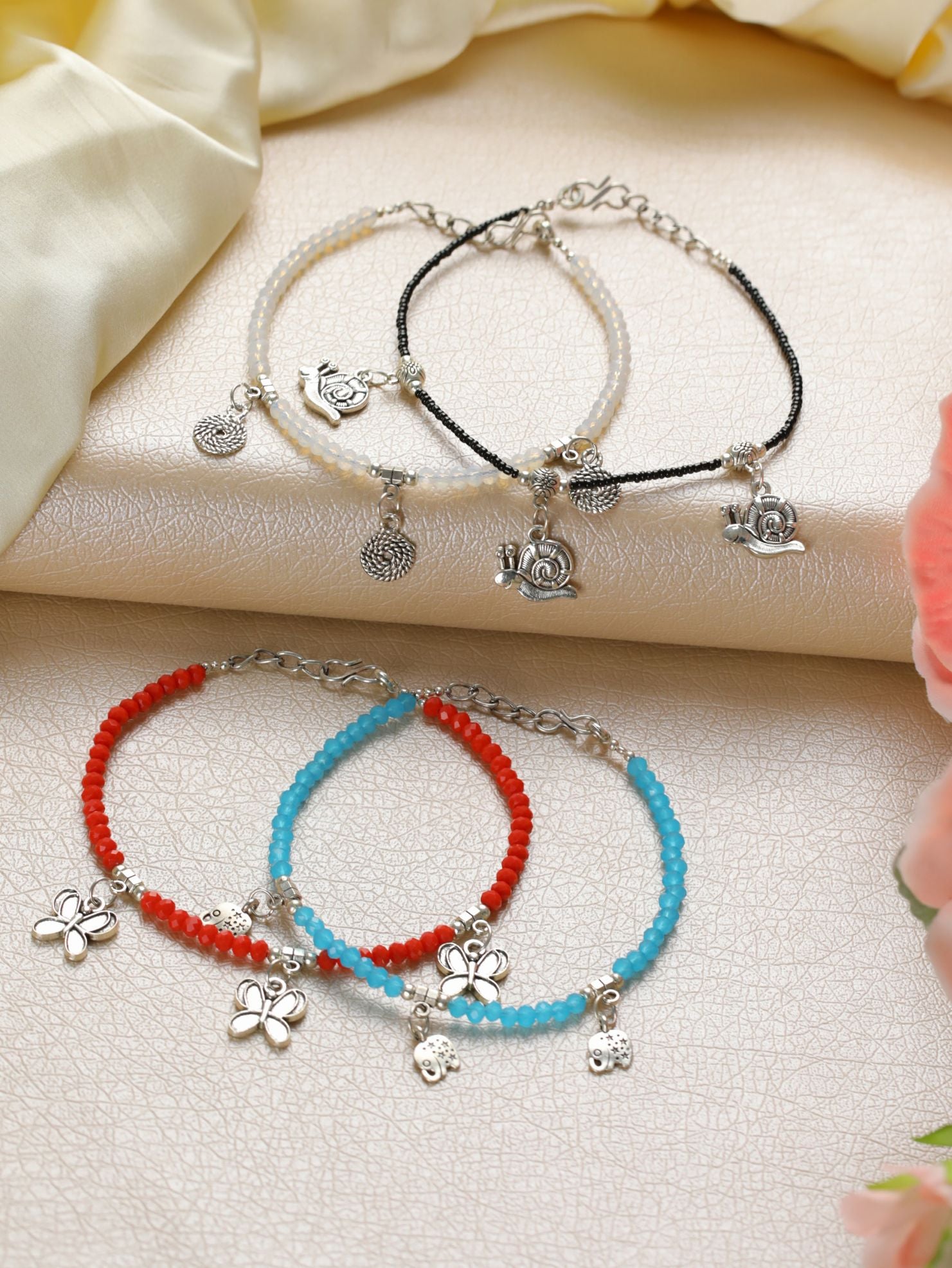 Set of 4 Silver Elephant Flower butterfly, Circle & Cocoon Charms Beaded Handcrafted Anklets - Jazzandsizzle