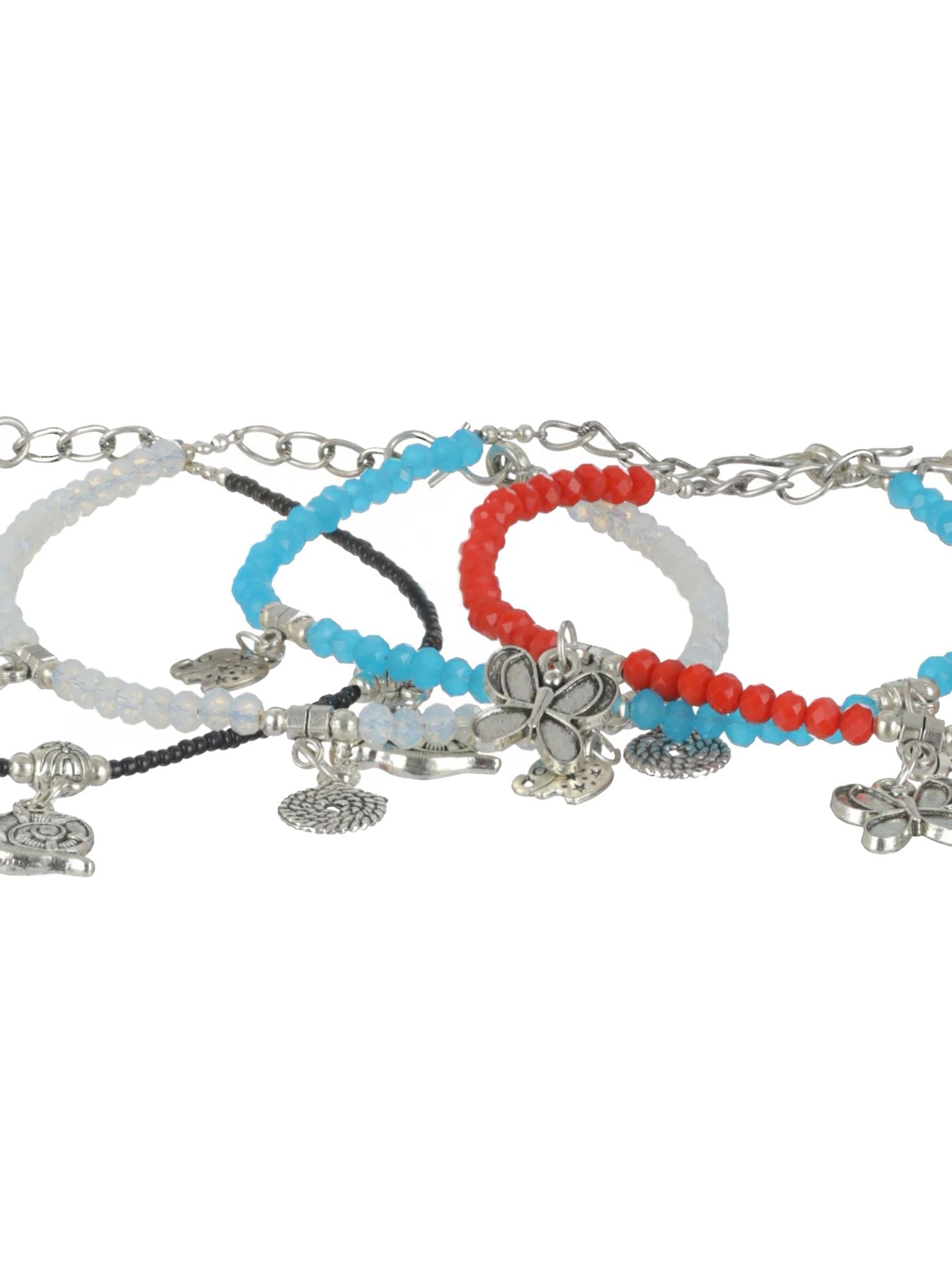 Set of 4 Silver Elephant Flower butterfly, Circle & Cocoon Charms Beaded Handcrafted Anklets - Jazzandsizzle