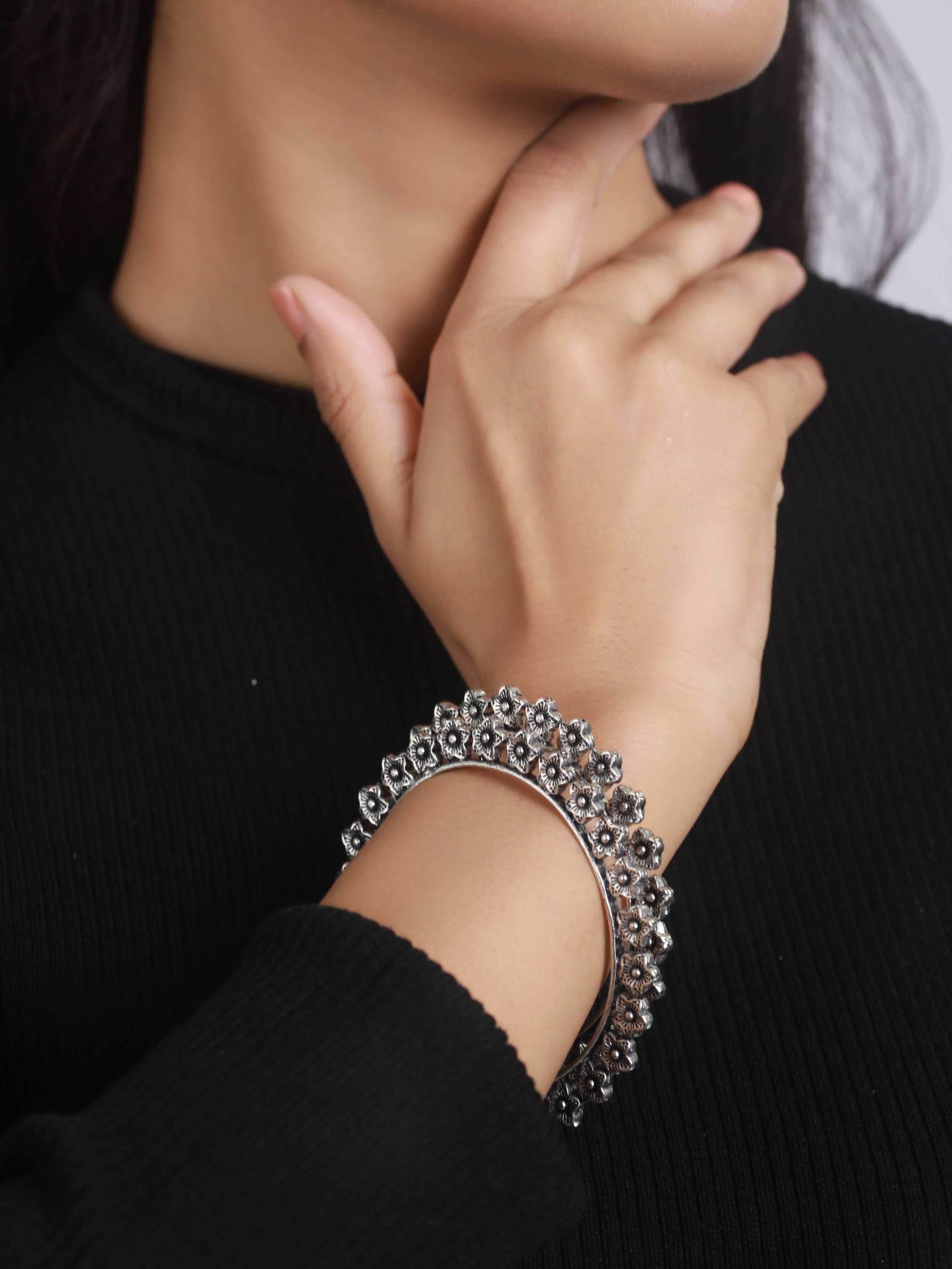 Set of 2 Silver Toned & Silver Plated Handcrafted Oxidised Bangles - Jazzandsizzle