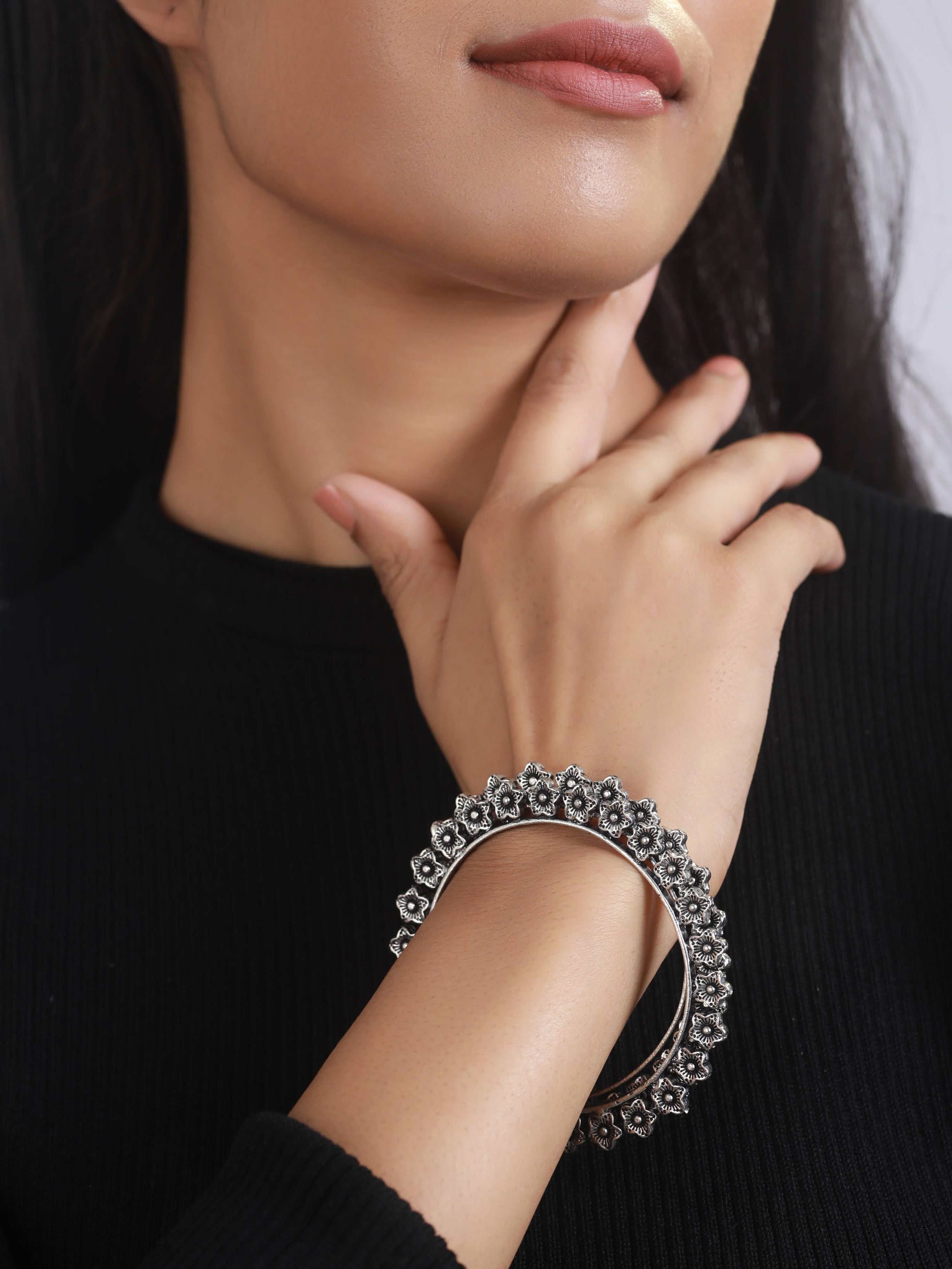 Set of 2 Silver Toned & Silver Plated Handcrafted Oxidised Bangles - Jazzandsizzle