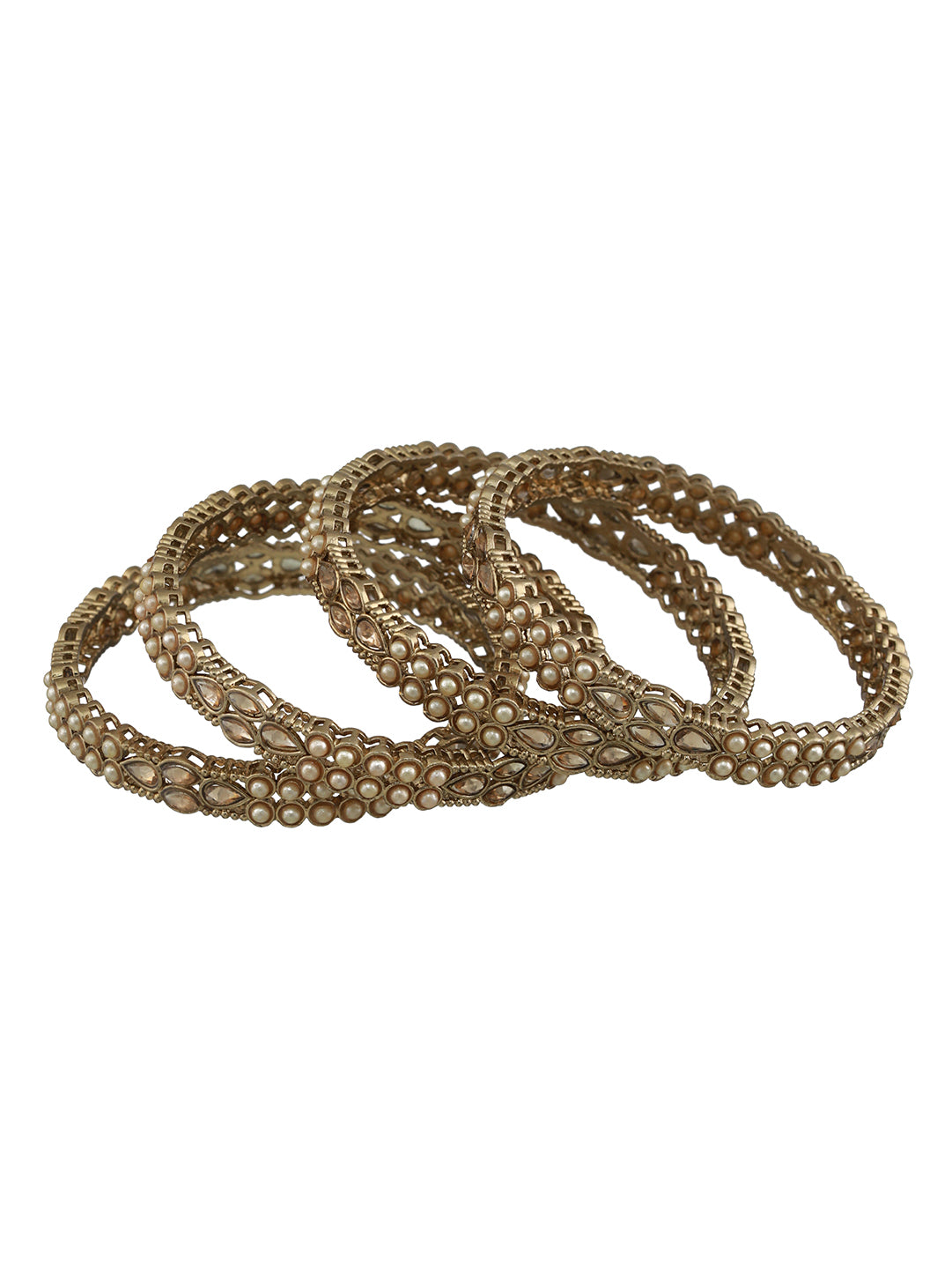 Set Of 4 Gold-Plated Pearl & White Kundan Studded Bangles - Jazzandsizzle
