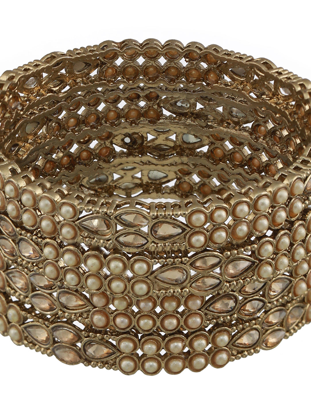 Set Of 4 Gold-Plated Pearl & White Kundan Studded Bangles - Jazzandsizzle