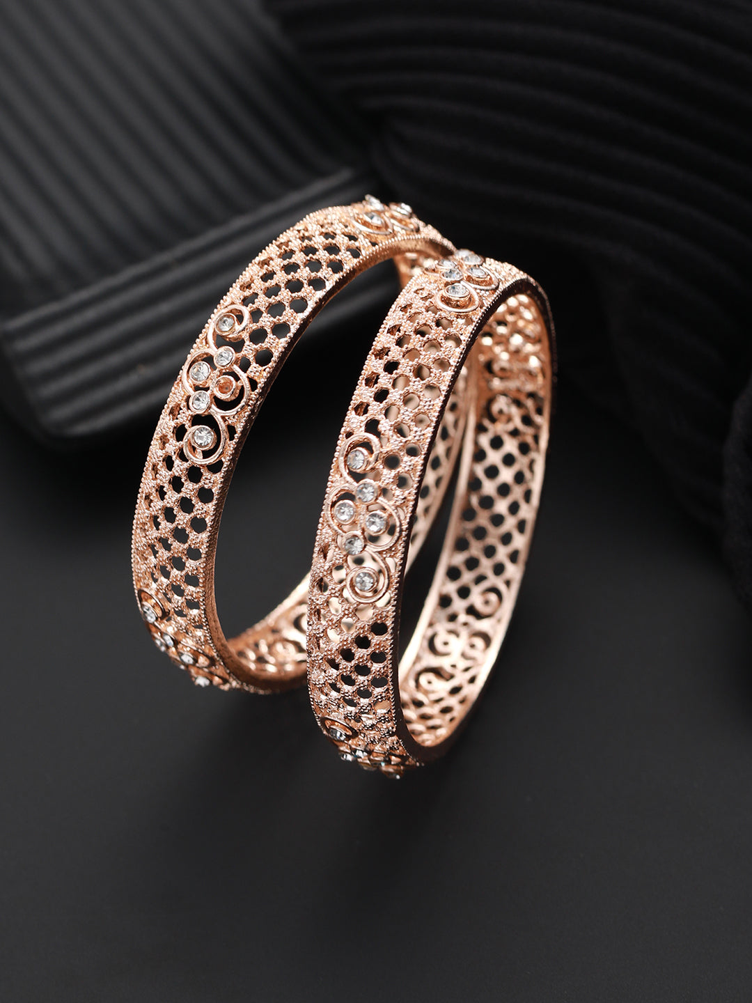 Set of 2 Rose Gold-Plated Cubic Zirconia Studded Bangle - Jazzandsizzle