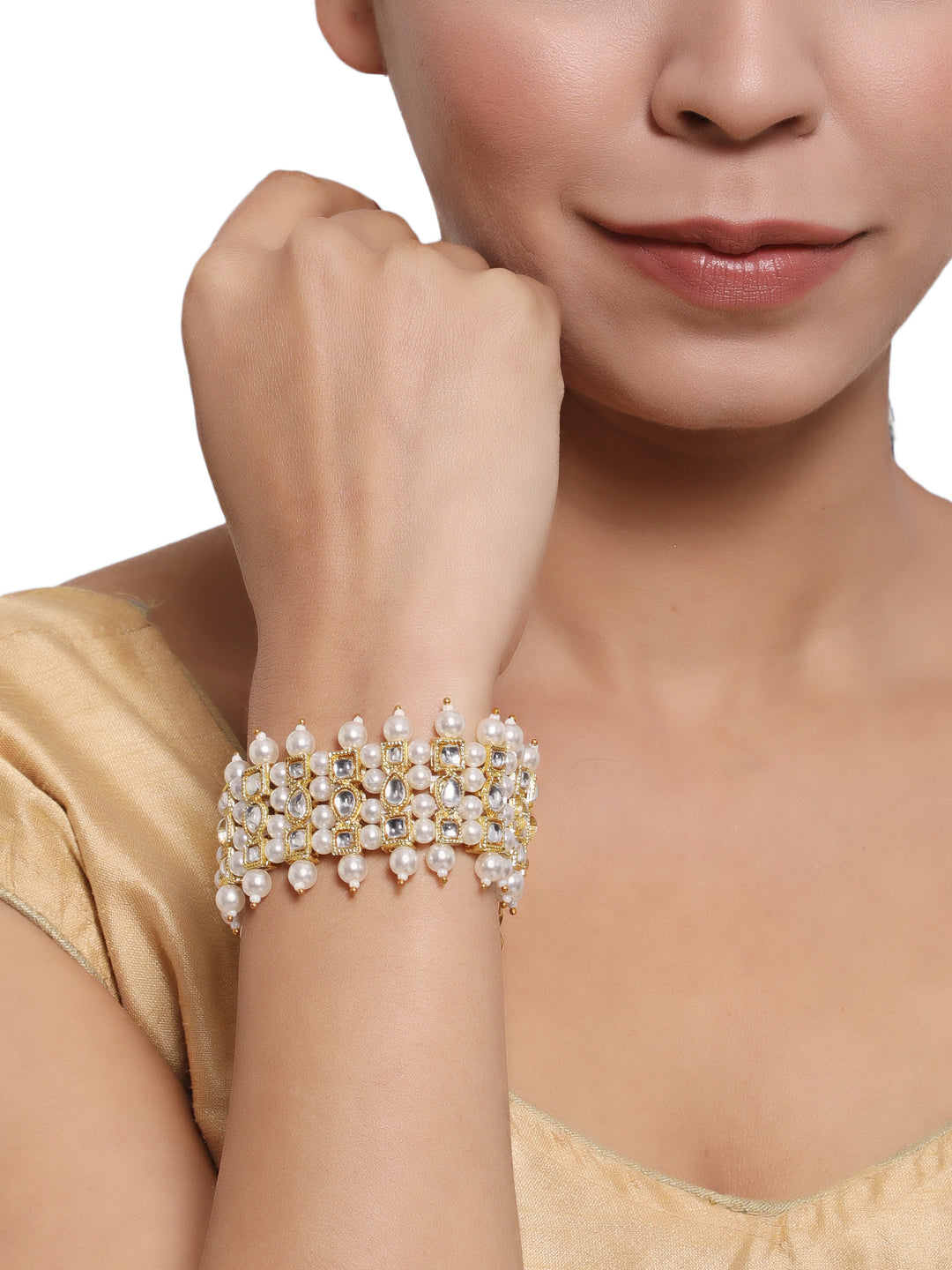 Gold-Plated Pearl & Stone Studded Wraparound Bracelet - Jazzandsizzle