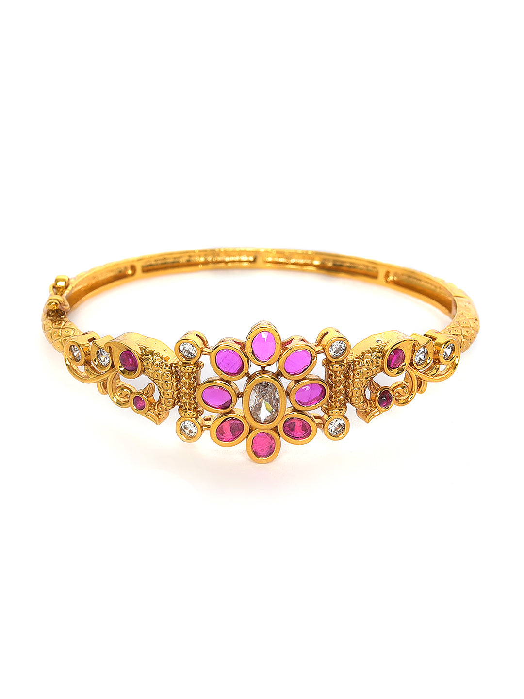 Gold-Plated White Cubic Zirconia Handcrafted,Pink Stone studded Openable Kada Bracelet - Jazzandsizzle