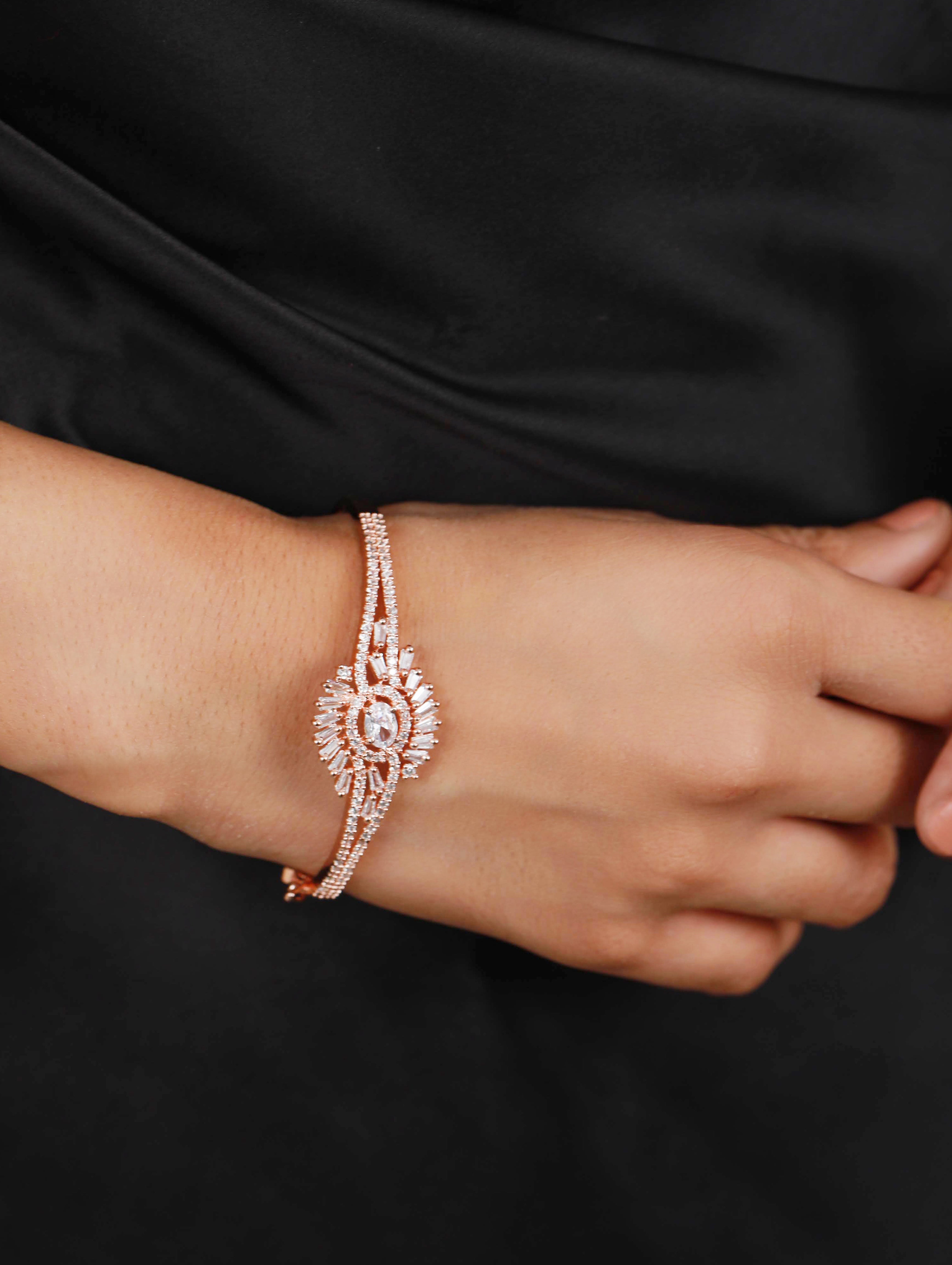 Rose Gold- Plated American Diamond Studded,Floral Patteren Handcrafted Bangle-Style Bracelet - Jazzandsizzle
