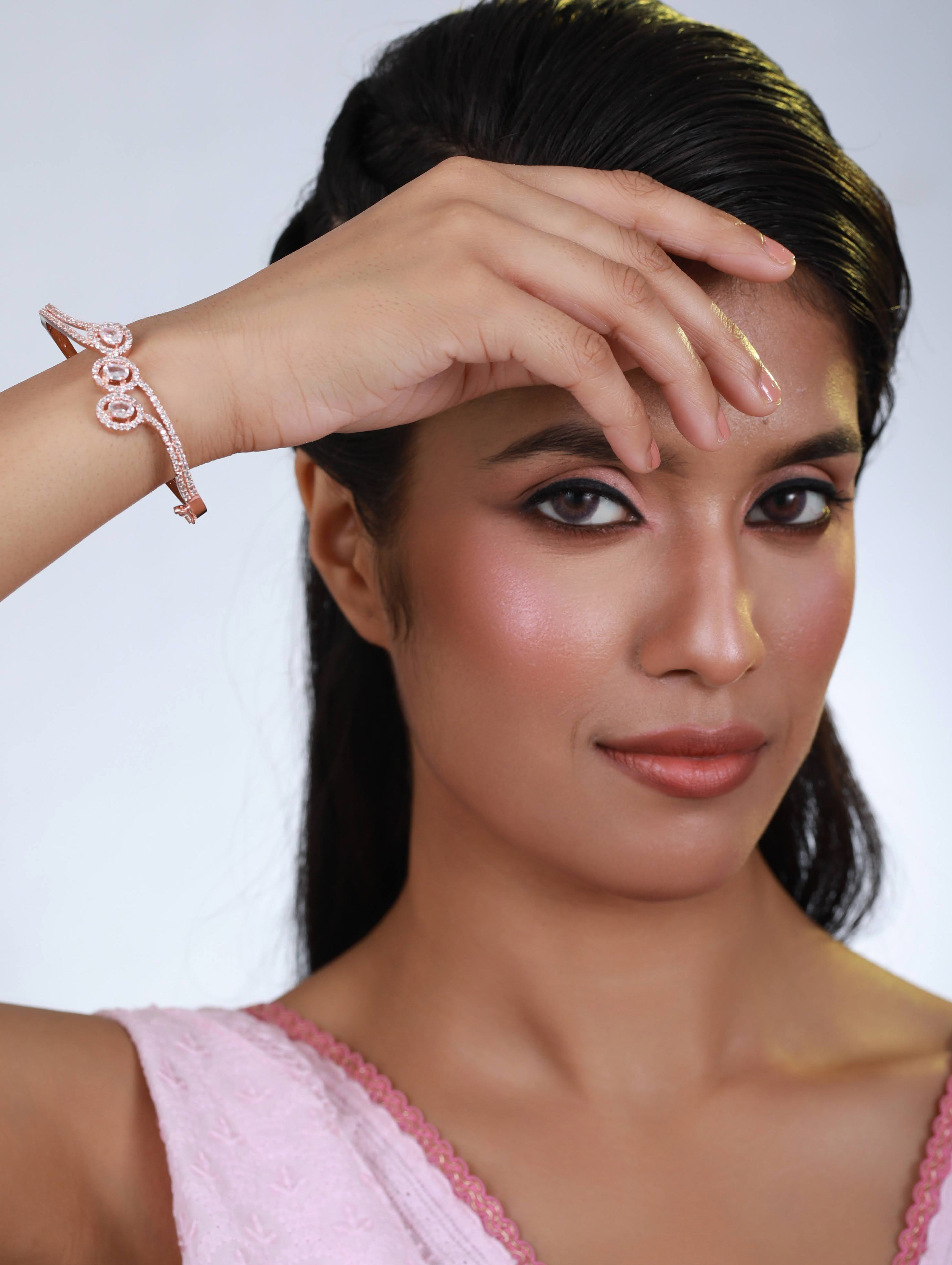 Rose Gold Plated White American Diamond Studded Handcrafted Bangle-Style Bracelet - Jazzandsizzle