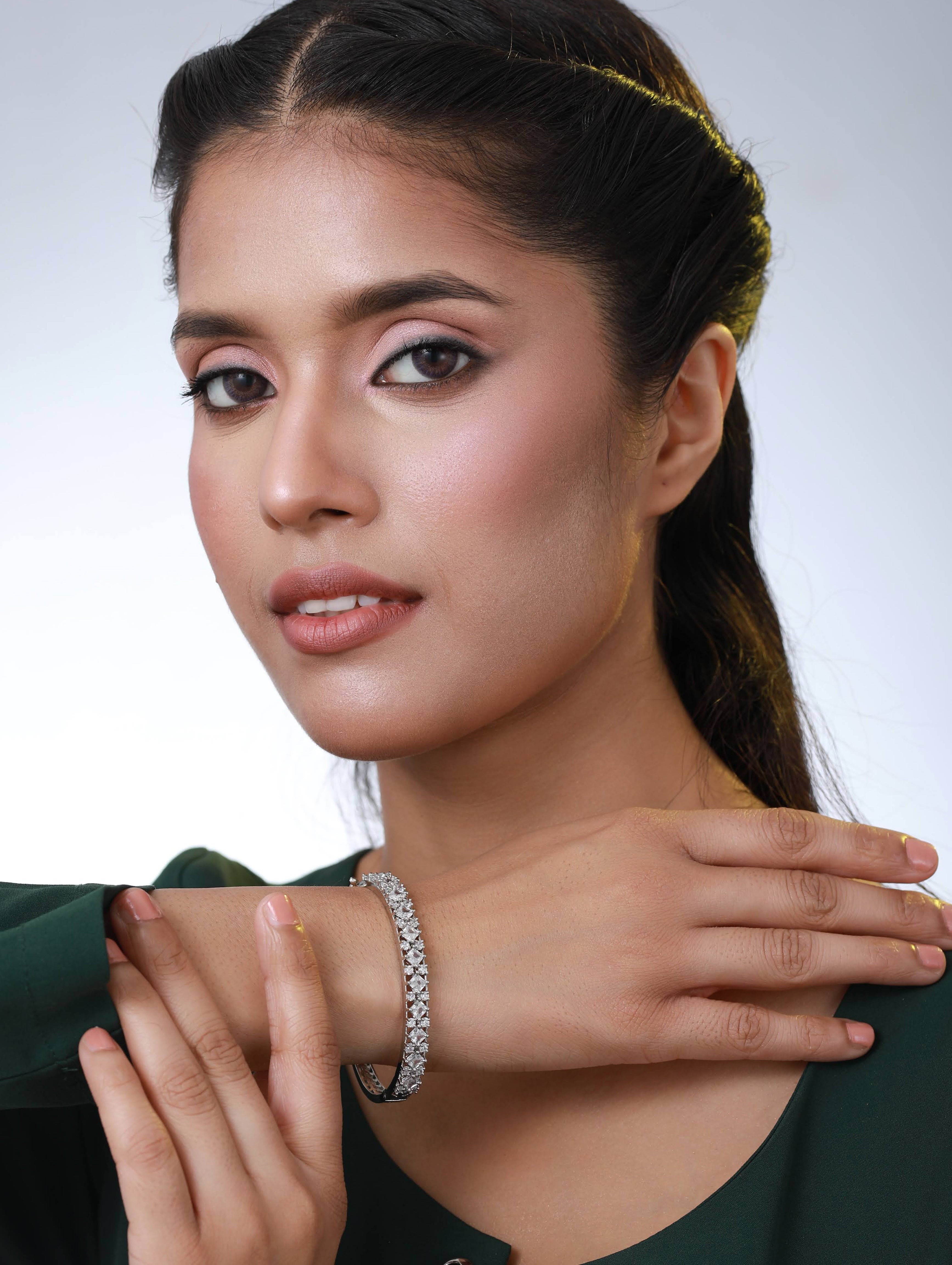 Silver-Toned & White American Diamond Handcrafted Silver-Plated Bangle style Bracelet - Jazzandsizzle