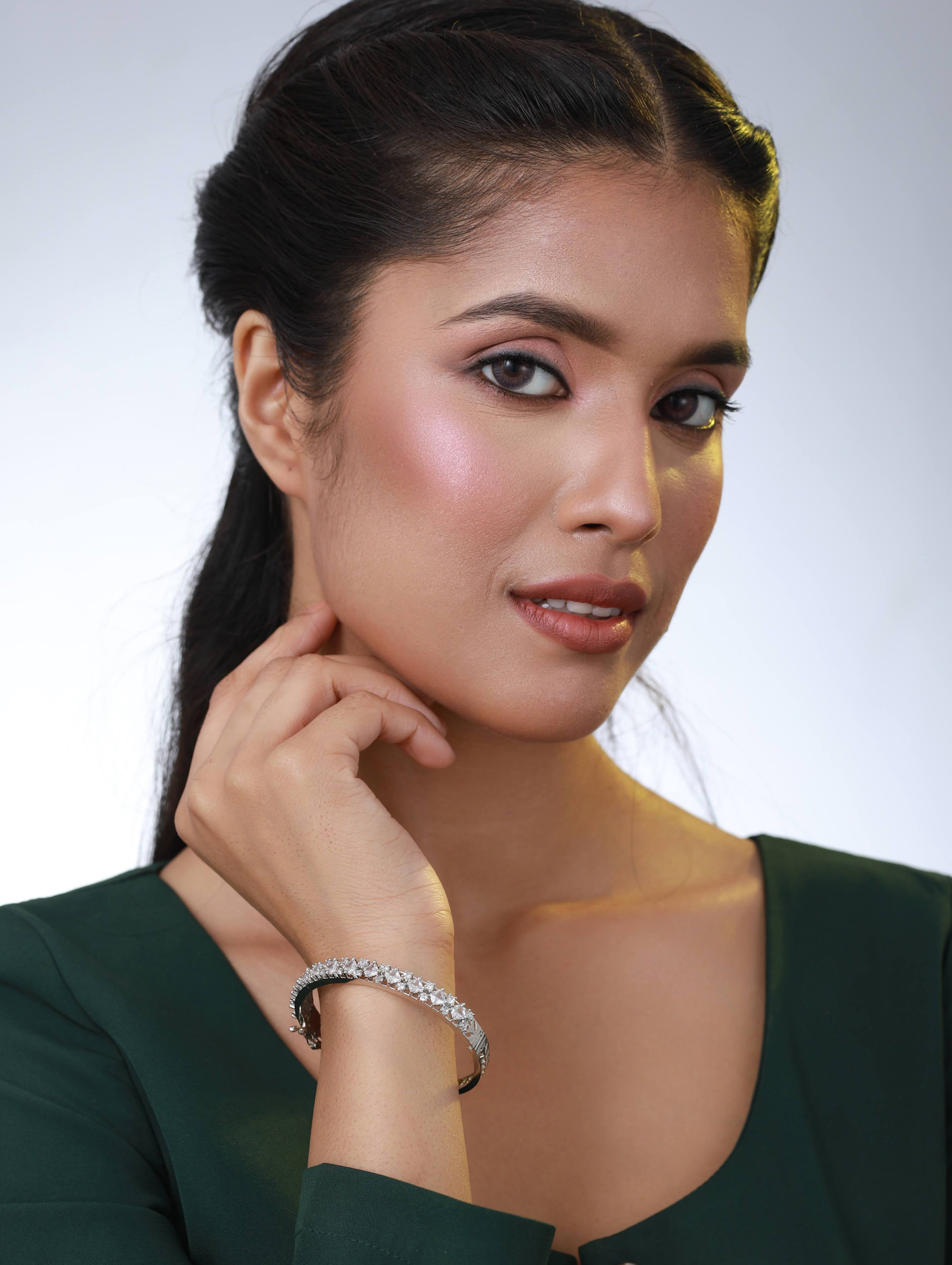 Silver-Toned & White American Diamond Handcrafted Silver-Plated Bangle style Bracelet - Jazzandsizzle