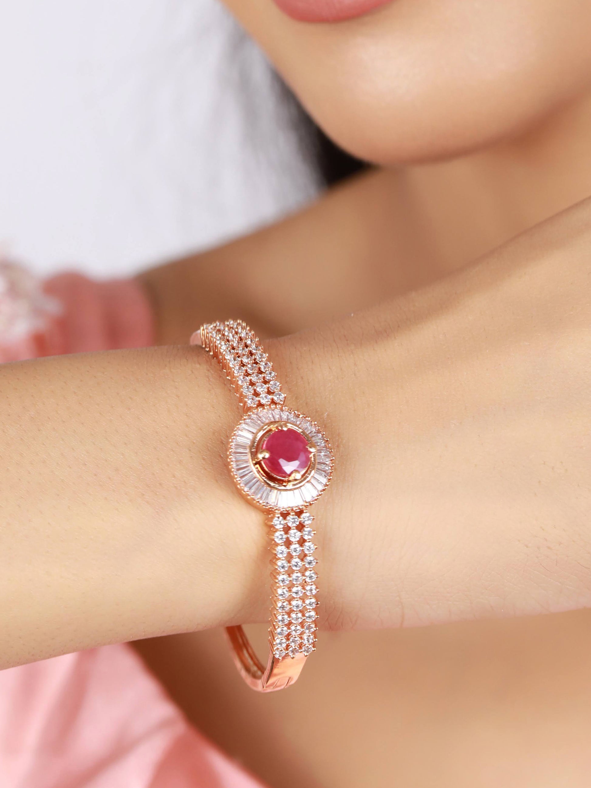 Rose Gold Plated American Diamond Ruby Studded Round Shaped Elegant Bracelet - Jazzandsizzle