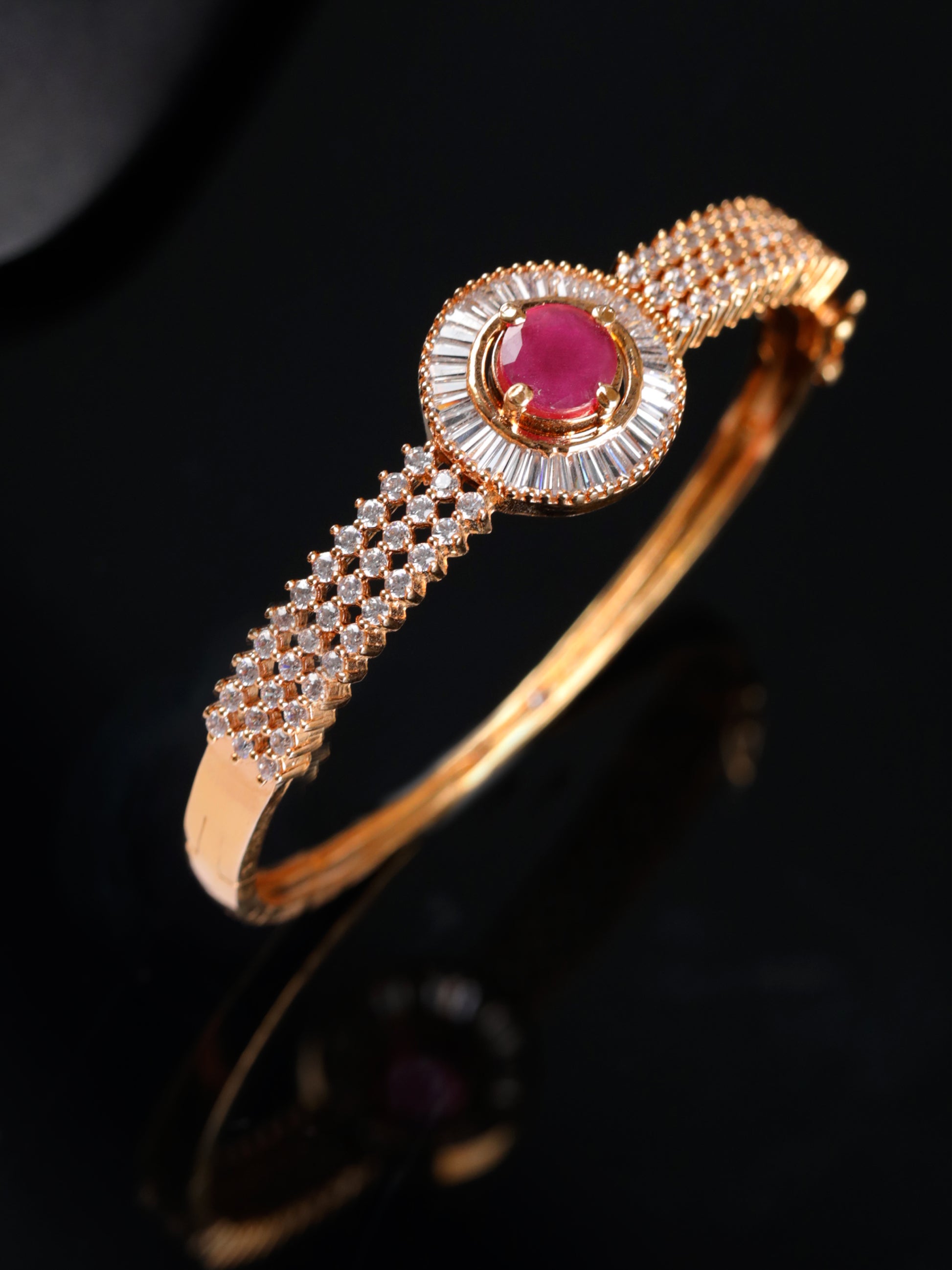 Rose Gold Plated American Diamond Ruby Studded Round Shaped Elegant Bracelet - Jazzandsizzle