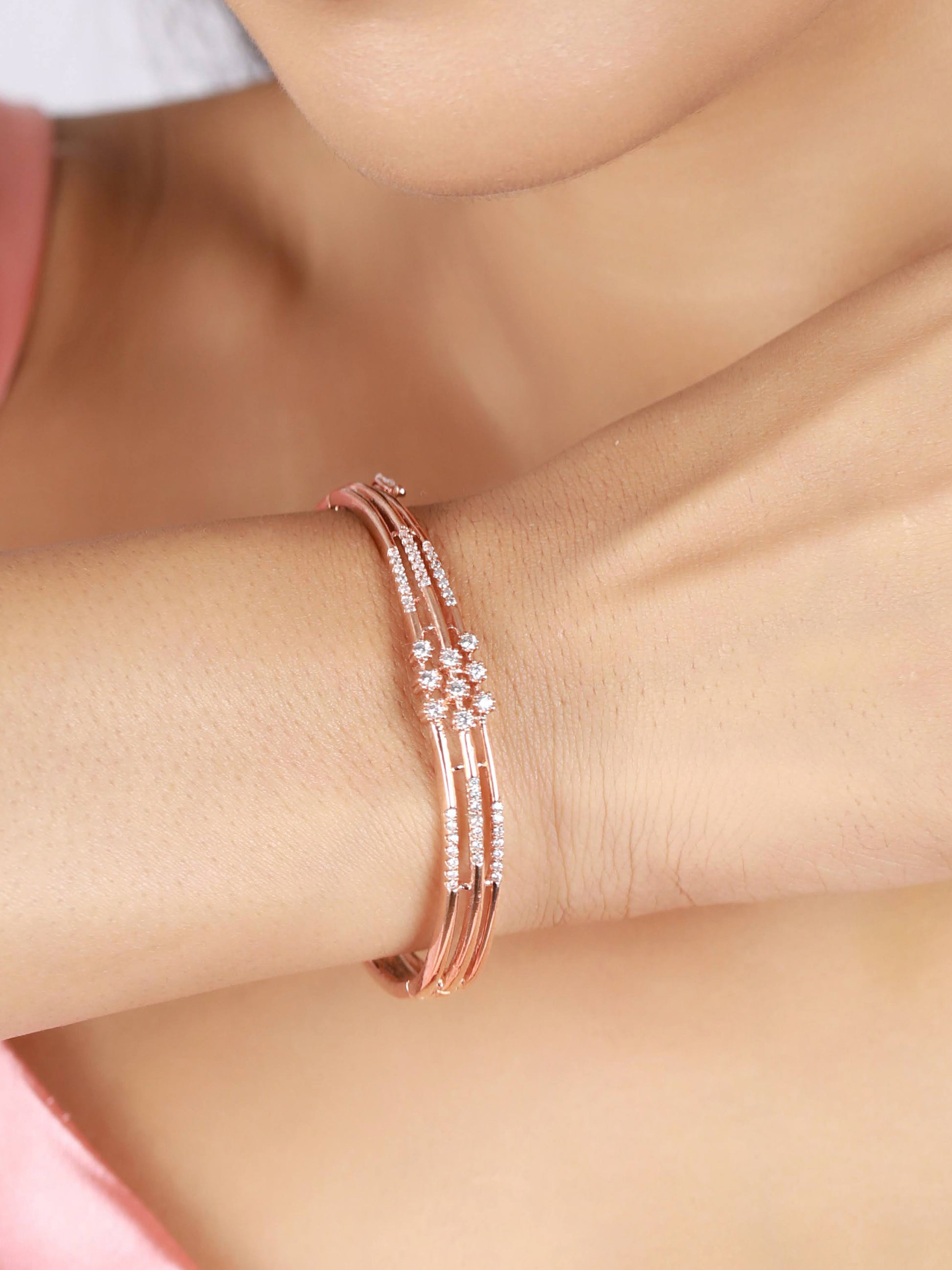 Rose Gold & Silver-Toned Brass American Diamond Rose Gold-Plated Bangle-Style Bracelet - Jazzandsizzle