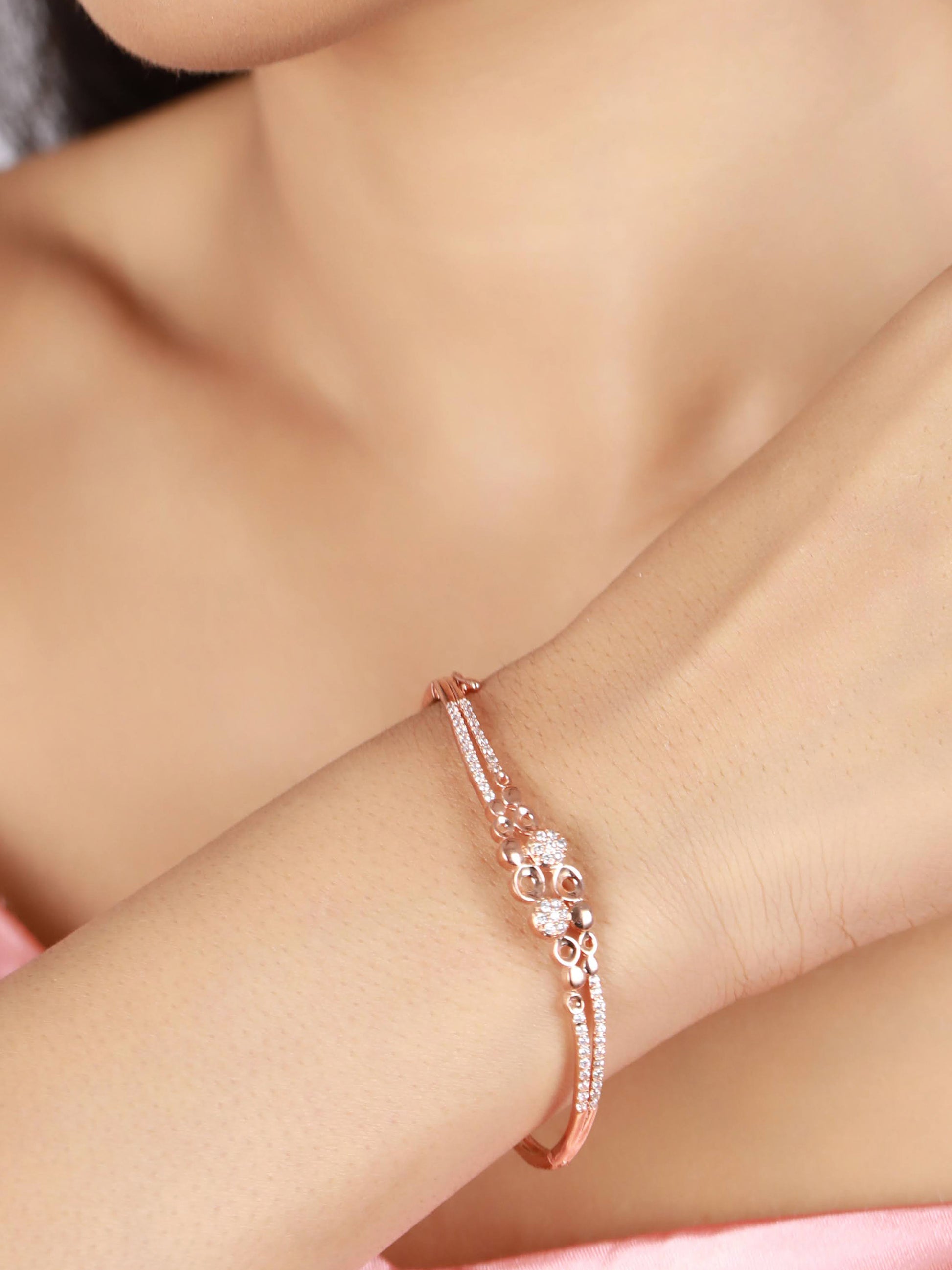 Rose Gold Plated American Diamond Studded Round Shaped Elegant & Sleek Bracelet - Jazzandsizzle