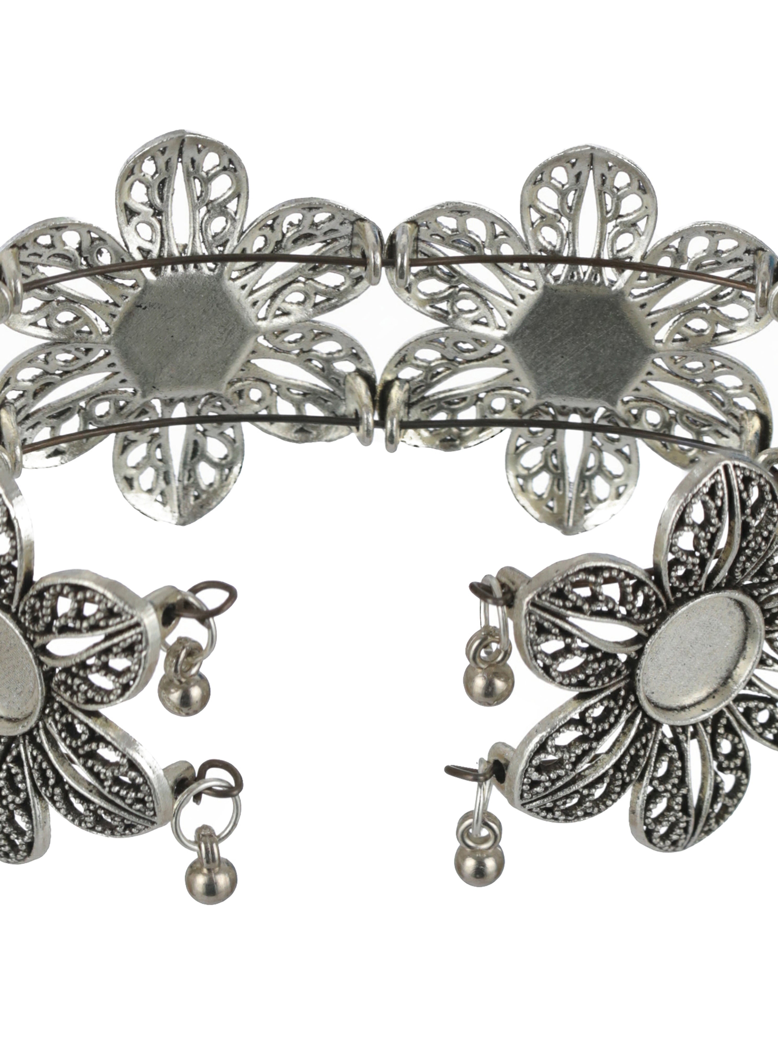 Women Silver-Plated & Floral Style Oxidised Bangle-Style Bracelet - Jazzandsizzle