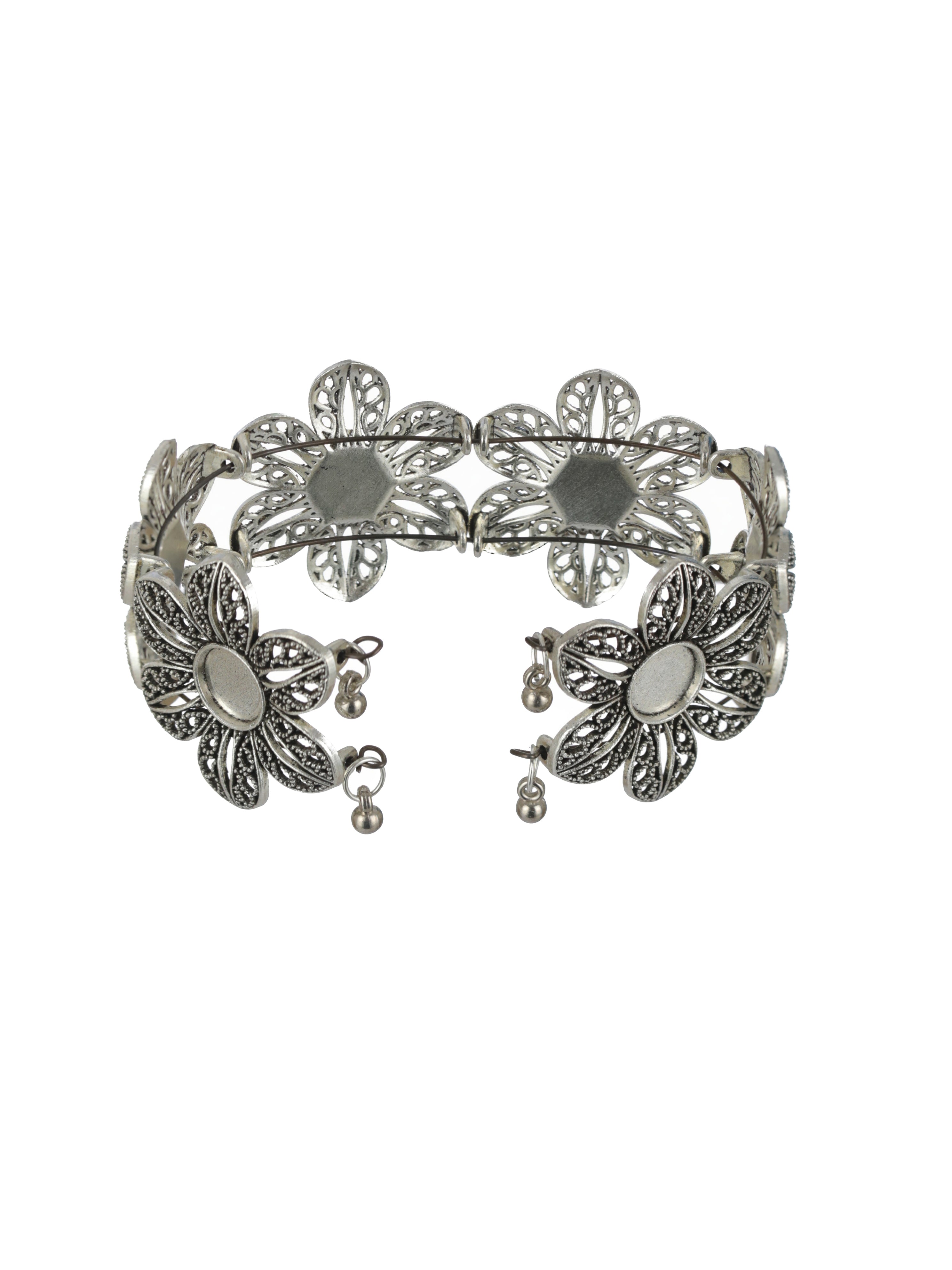 Women Silver-Plated & Floral Style Oxidised Bangle-Style Bracelet - Jazzandsizzle