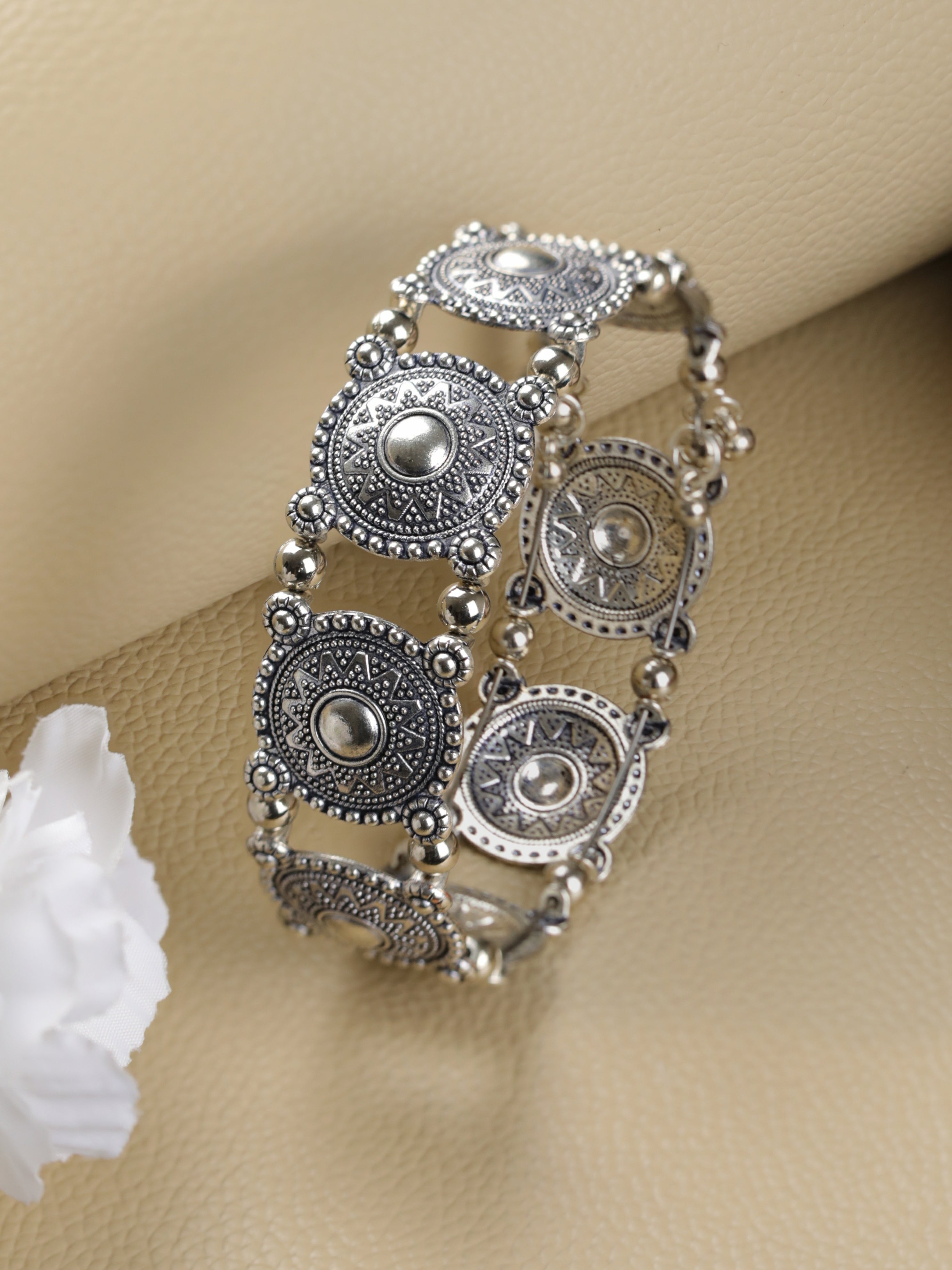 Floral Design & Filigree Work Oxidised Silver Plated Handcrafted Tribal Bracelet - Jazzandsizzle