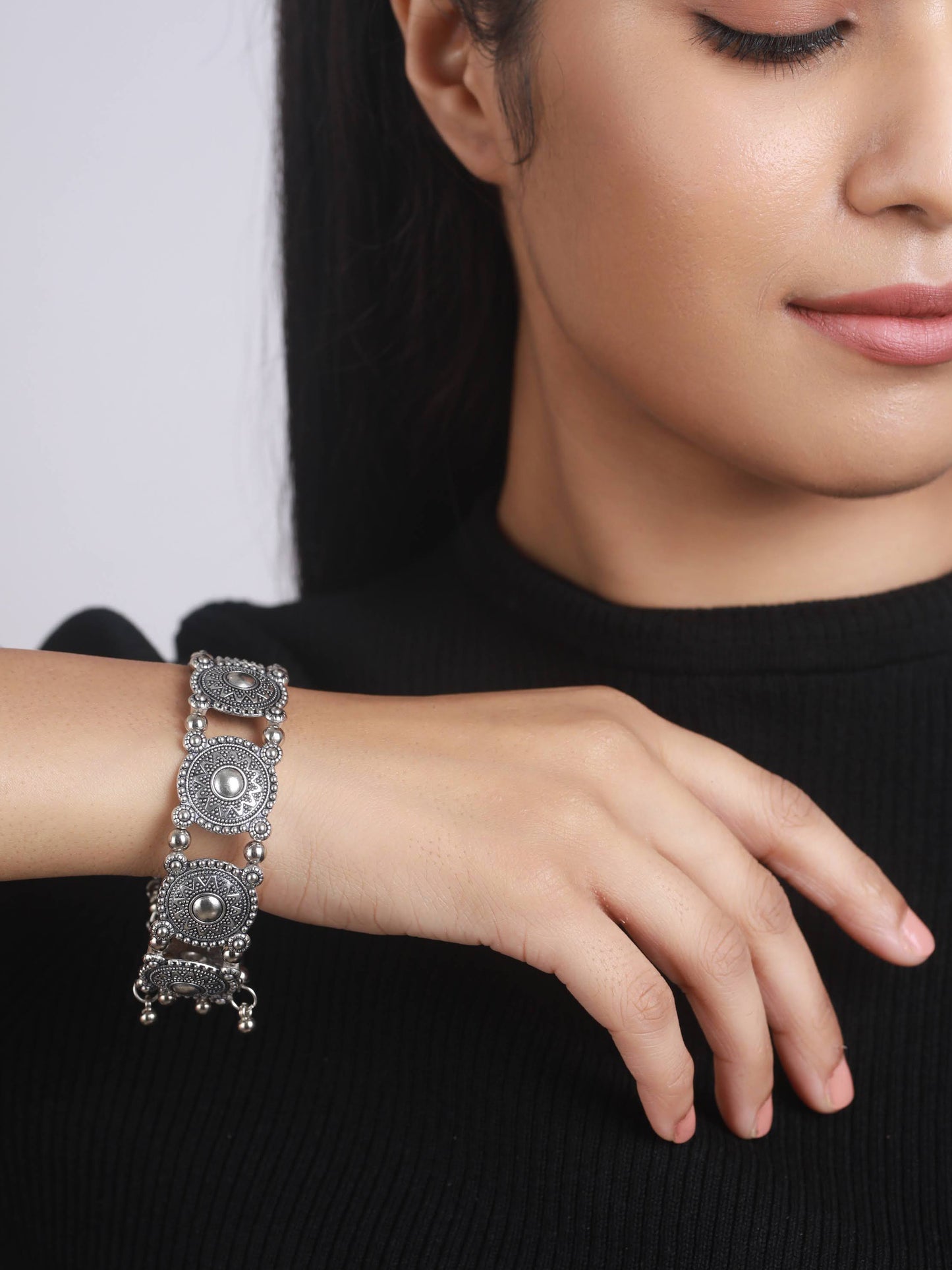 Floral Design & Filigree Work Oxidised Silver Plated Handcrafted Tribal Bracelet - Jazzandsizzle