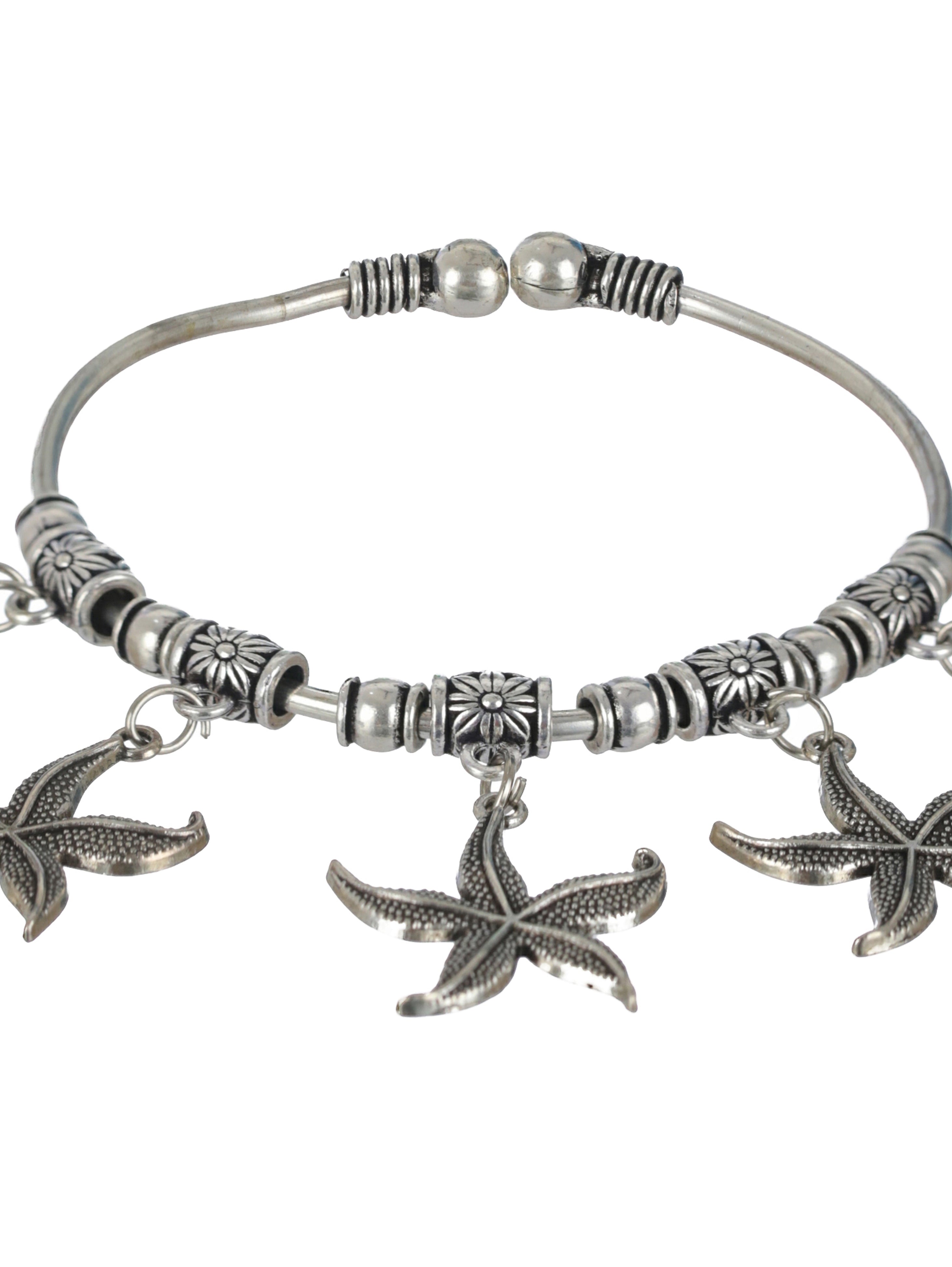 Women Oxidised Silver-Toned & Oxidised Tribal Brass Star Charm Bracelet - Jazzandsizzle