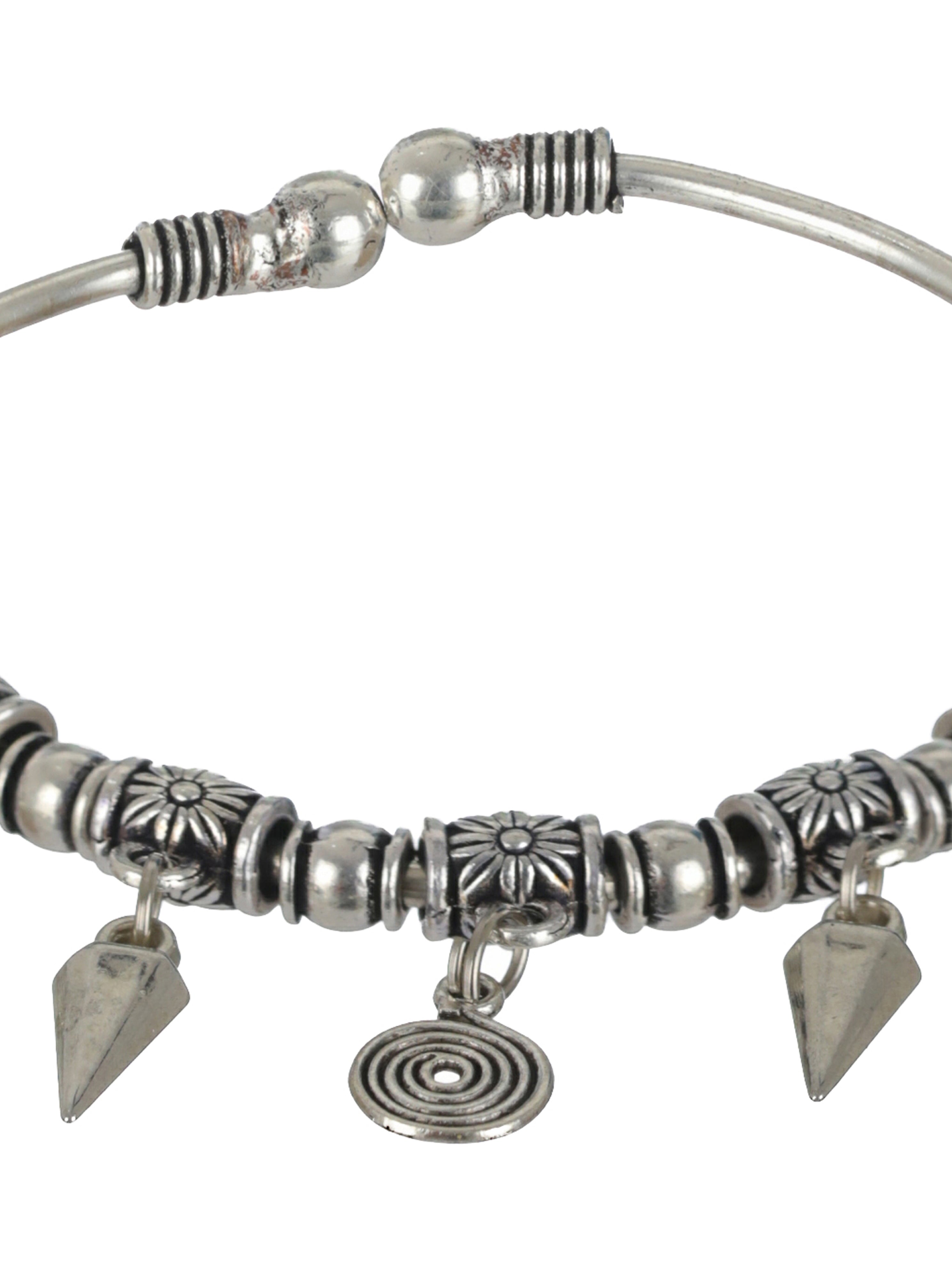 Women Oxidised Silver-Toned & Oxidised Tribal Brass Circular & Diamond Shaped Charm Bracelet - Jazzandsizzle
