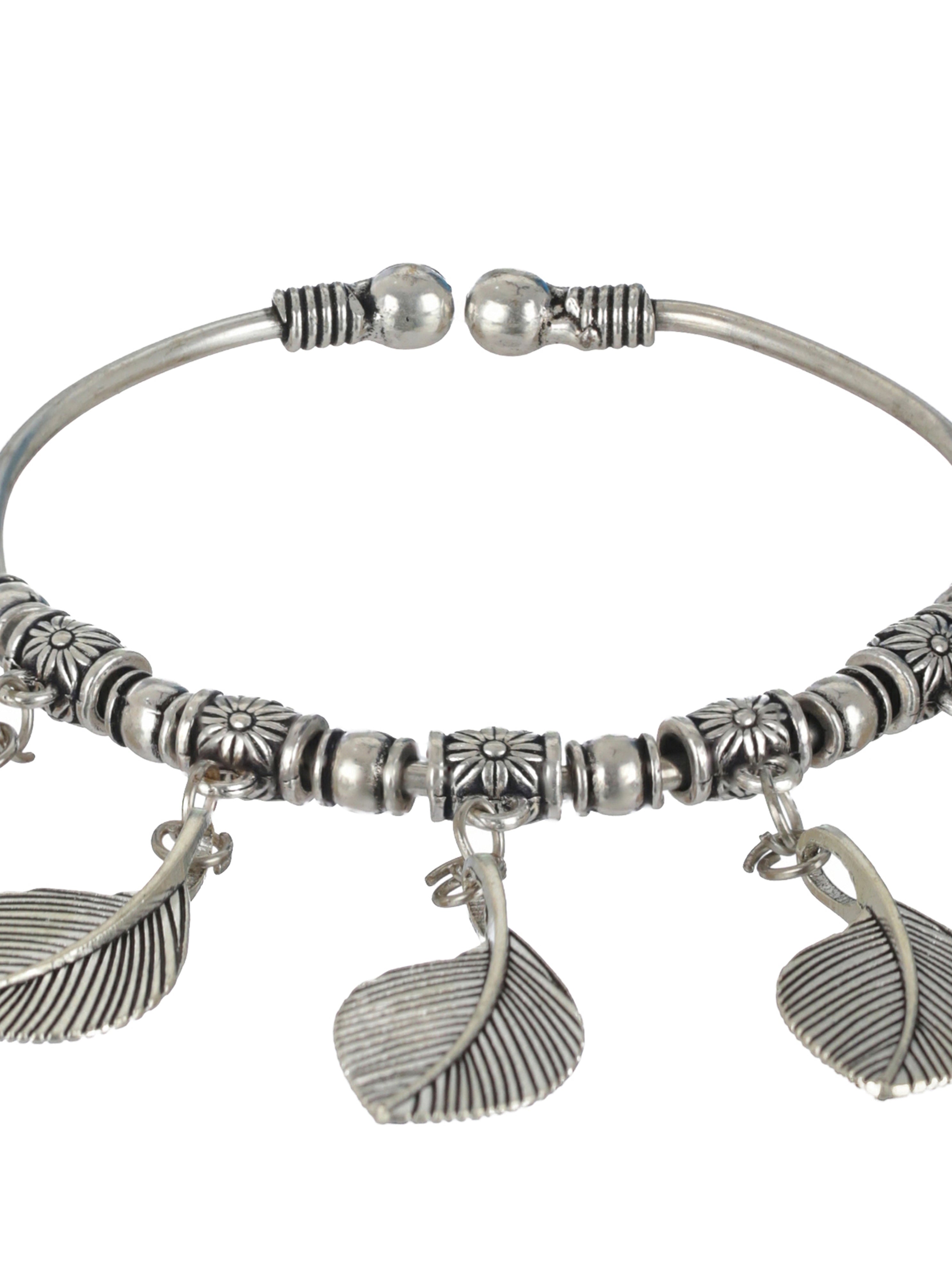 Women Oxidised Silver-Toned & Oxidised Tribal Brass Leaf Charm Bracelet - Jazzandsizzle