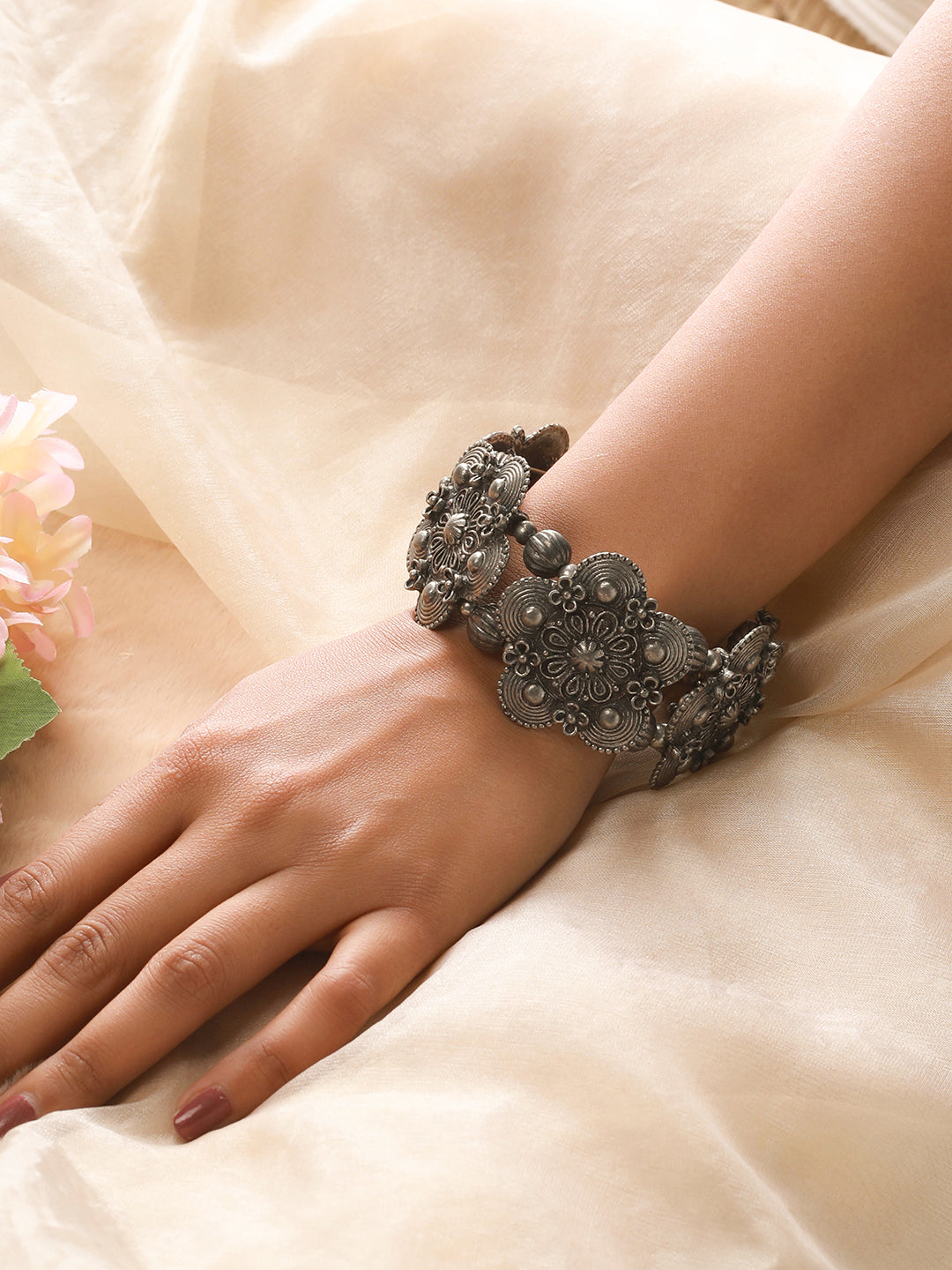 Women Silver-Toned Oxidised Bangle-Style Bracelet - Jazzandsizzle