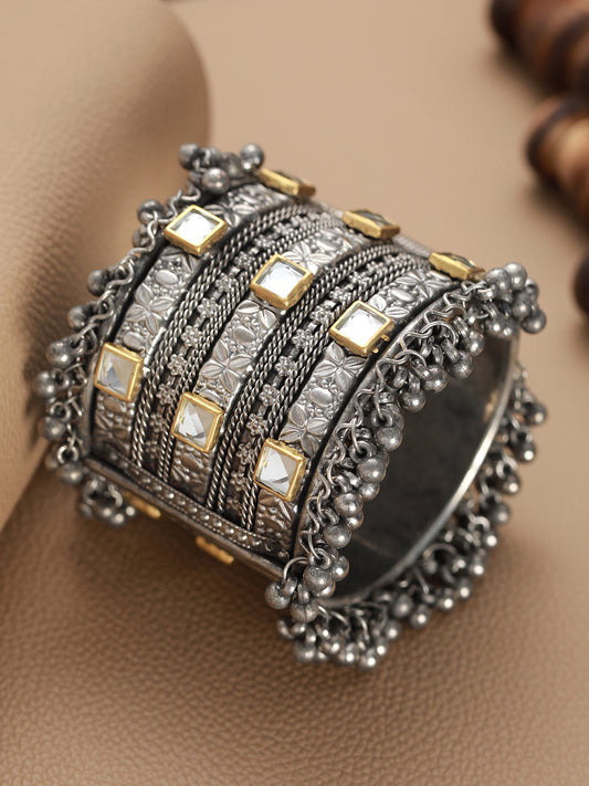 Silver-Plated & Gold Toned Kundan Studed Oxidized Tribal Ghungroo Cuff Bracelet - Jazzandsizzle