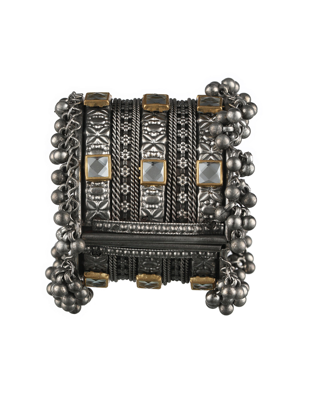 Silver-Plated & Gold Toned Kundan Studed Oxidized Tribal Ghungroo Cuff Bracelet - Jazzandsizzle