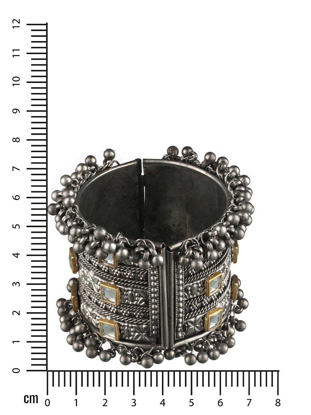 Silver-Plated & Gold Toned Kundan Studed Oxidized Tribal Ghungroo Cuff Bracelet - Jazzandsizzle