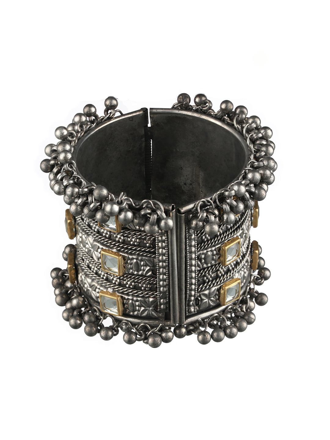 Silver-Plated & Gold Toned Kundan Studed Oxidized Tribal Ghungroo Cuff Bracelet - Jazzandsizzle