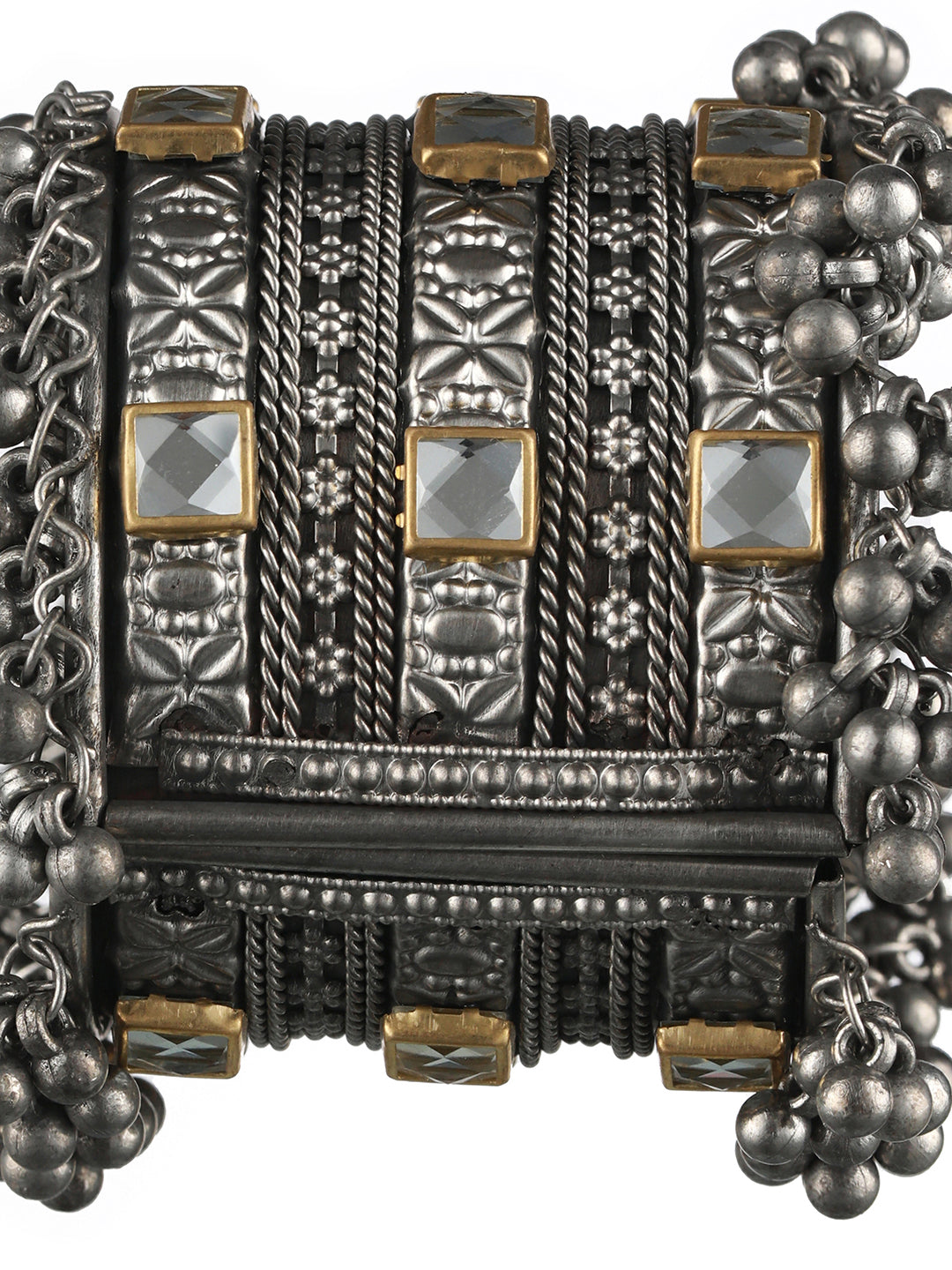 Silver-Plated & Gold Toned Kundan Studed Oxidized Tribal Ghungroo Cuff Bracelet - Jazzandsizzle