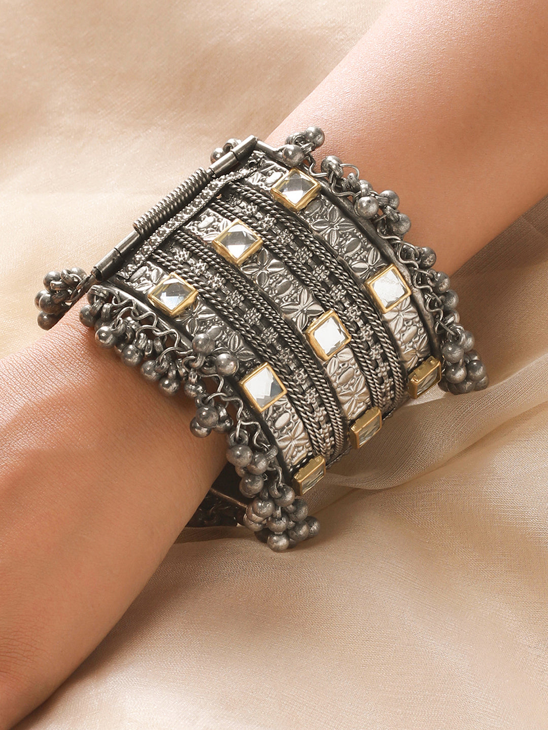 Silver-Plated & Gold Toned Kundan Studed Oxidized Tribal Ghungroo Cuff Bracelet - Jazzandsizzle