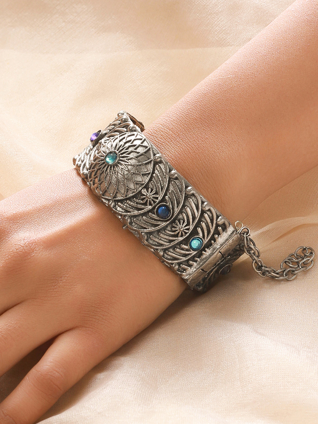 Oxidized Silver-Plated & Blue Stone Studed Antique Dome Shaped Bangle Style Bracelet - Jazzandsizzle