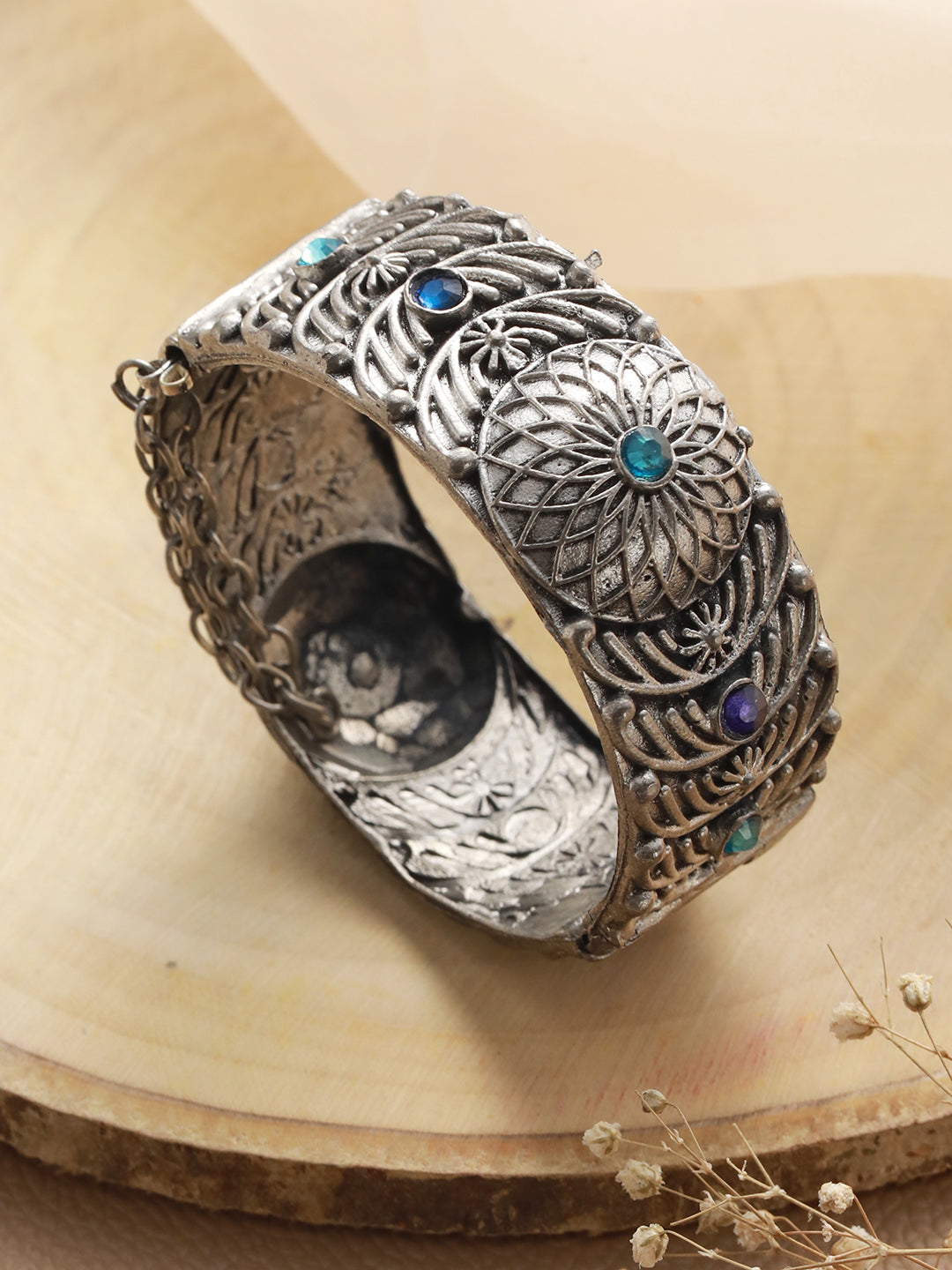 Oxidized Silver-Plated & Blue Stone Studed Antique Dome Shaped Bangle Style Bracelet - Jazzandsizzle